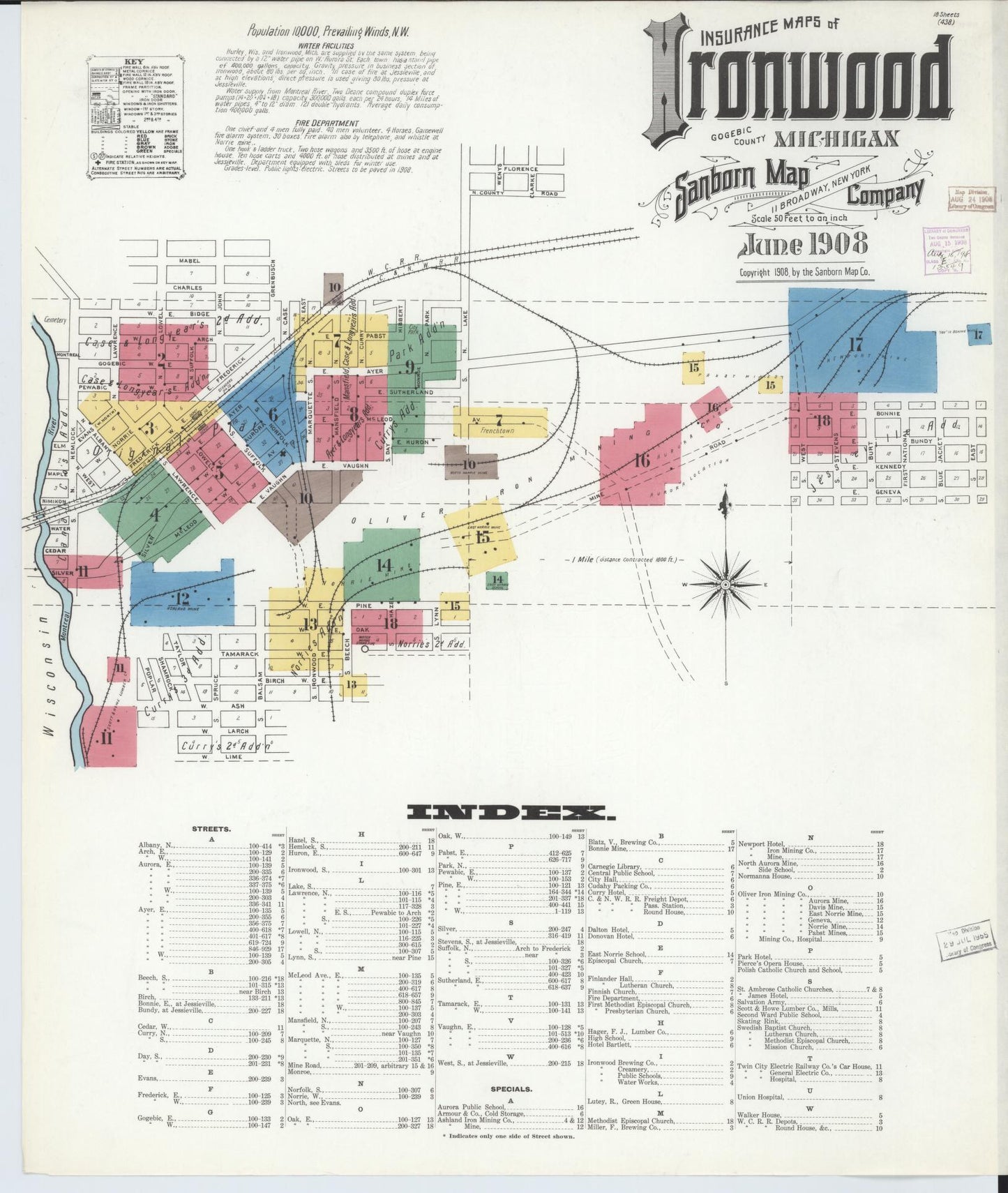 Sanborn Fire Insurance Map from Ironwood, Gogebic County, Michigan (1908), Sheet #0001 - Historic Sanborn Fire Insurance Map Print, vintage old map wall art, antique decor, genealogy gift, Michigan Michigan map