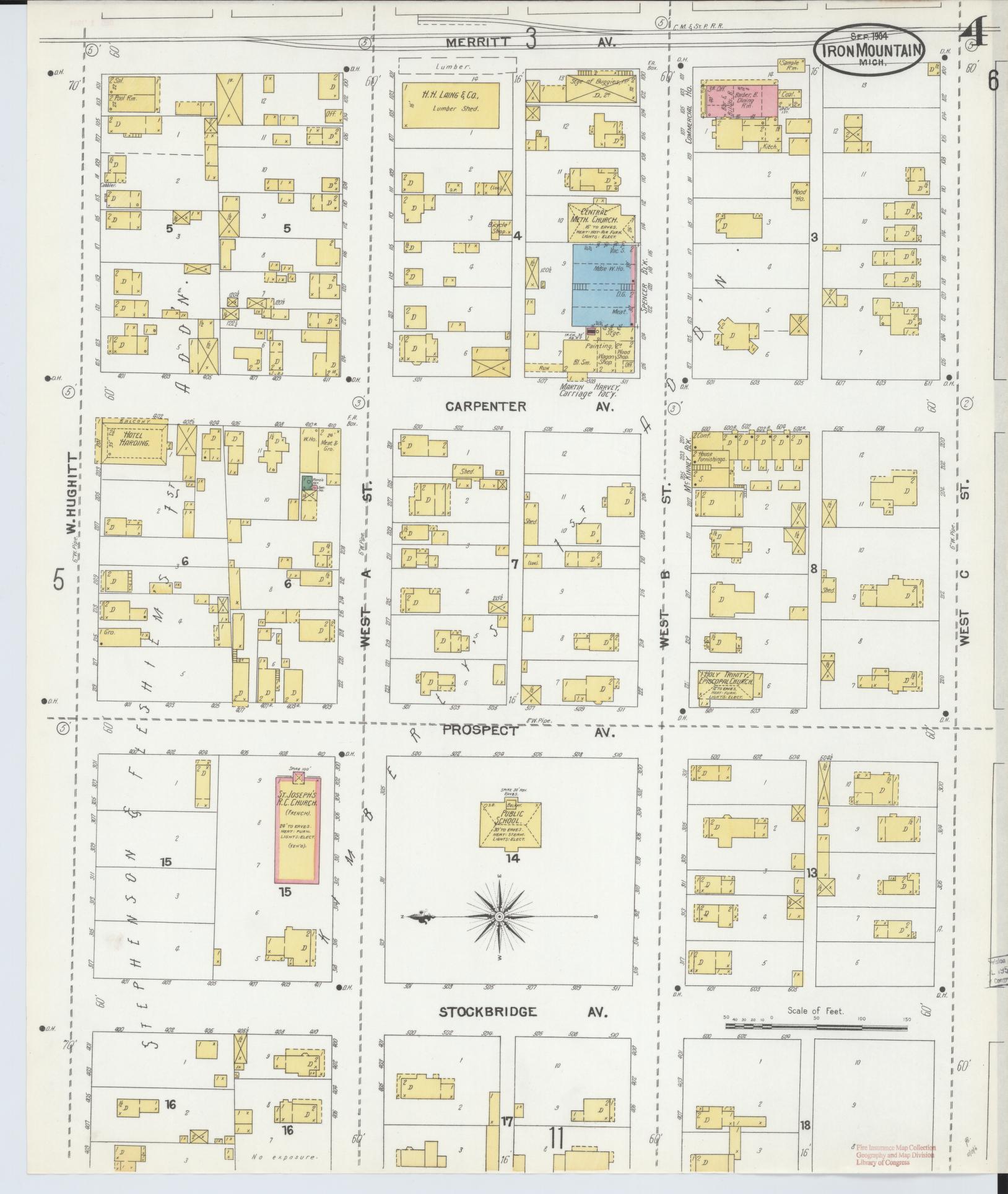 Sanborn Fire Insurance Map from Iron Mountain, Dickinson County, Michigan (1904), Sheet #0004 - Complete Map Set gallery image, historic Sanborn map, vintage wall art, Michigan Michigan
