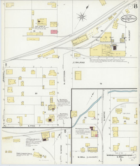 Sanborn Fire Insurance Map from Milledgeville, Baldwin County, Georgia (1908), Sheet #0008 - Historic Sanborn Fire Insurance Map Print, vintage old map wall art, antique decor, genealogy gift, Georgia Georgia map