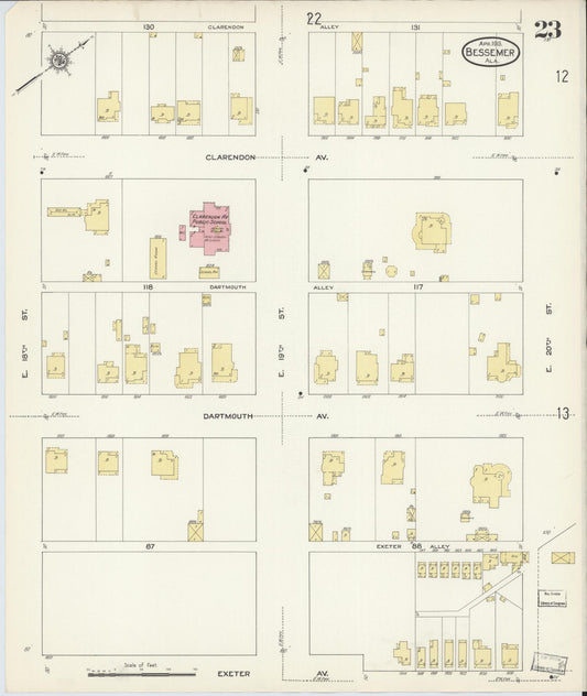 Sanborn Fire Insurance Map from Bessemer, Jefferson County, Alabama (1913), Sheet #0023 - Historic Sanborn Fire Insurance Map Print, vintage old map wall art, antique decor, genealogy gift, Alabama Alabama map