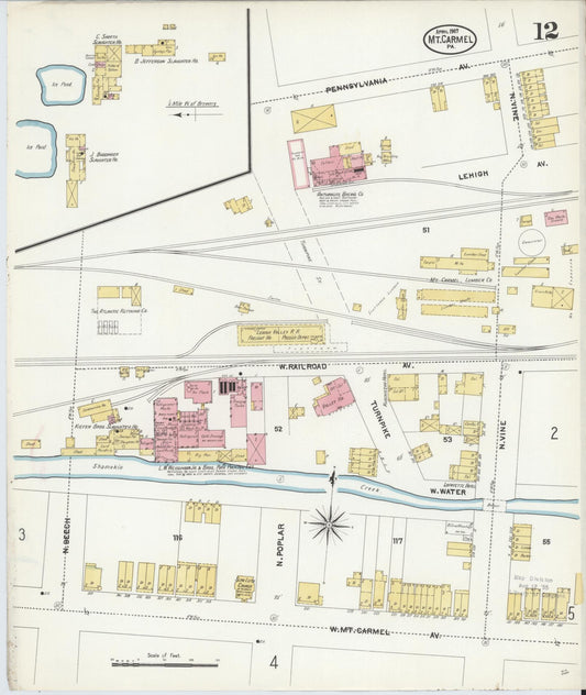 Sanborn Fire Insurance Map from Mount Carmel, Northumberland County, Pennsylvania (1907), Sheet #0012 - Historic Sanborn Fire Insurance Map Print, vintage old map wall art, antique decor, genealogy gift, Pennsylvania Pennsylvania map