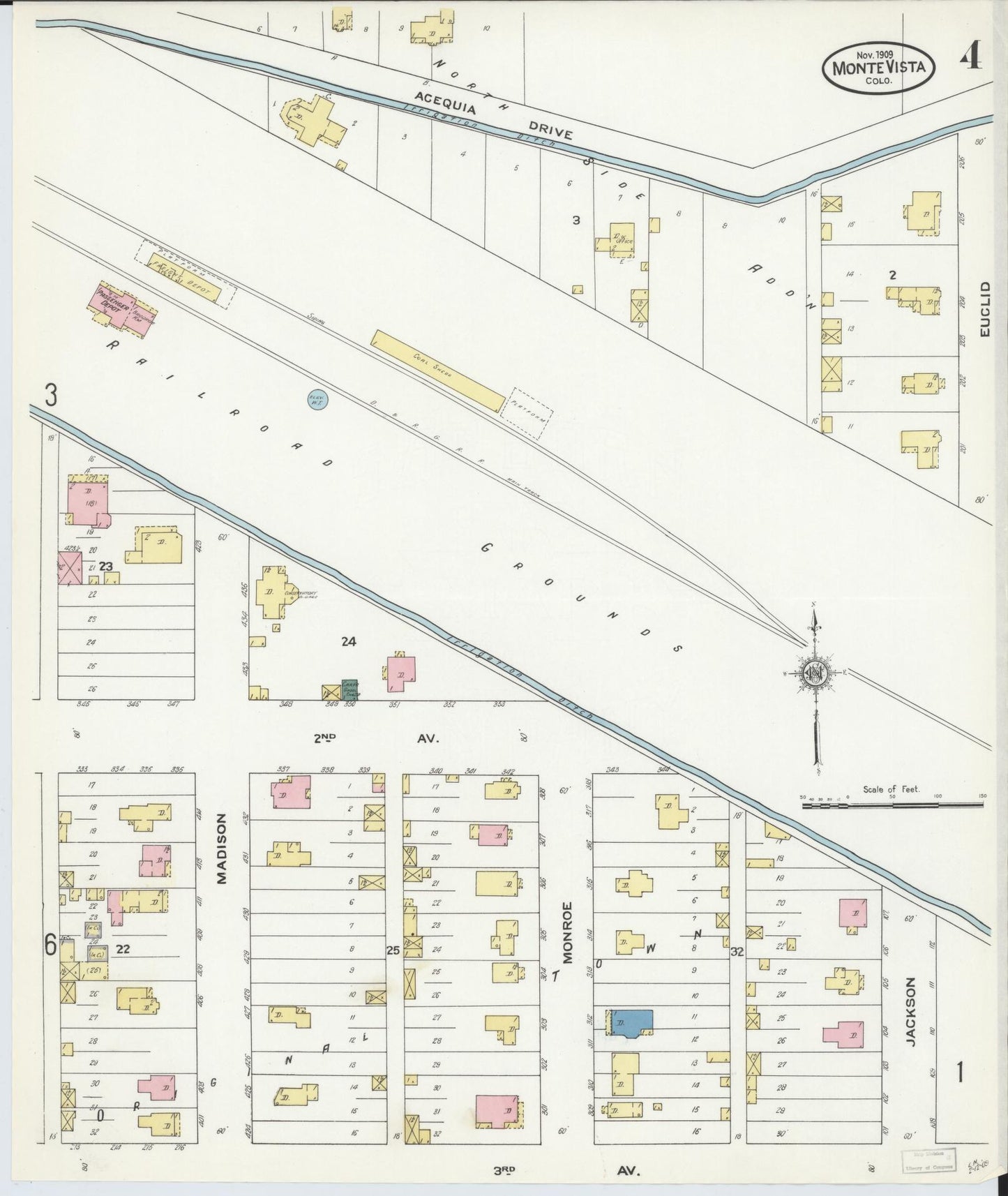 Sanborn Fire Insurance Map from Monte Vista, Rio Grande County, Colorado (1909), Sheet #0004 - Historic Sanborn Fire Insurance Map Print, vintage old map wall art, antique decor, genealogy gift, Colorado Colorado map