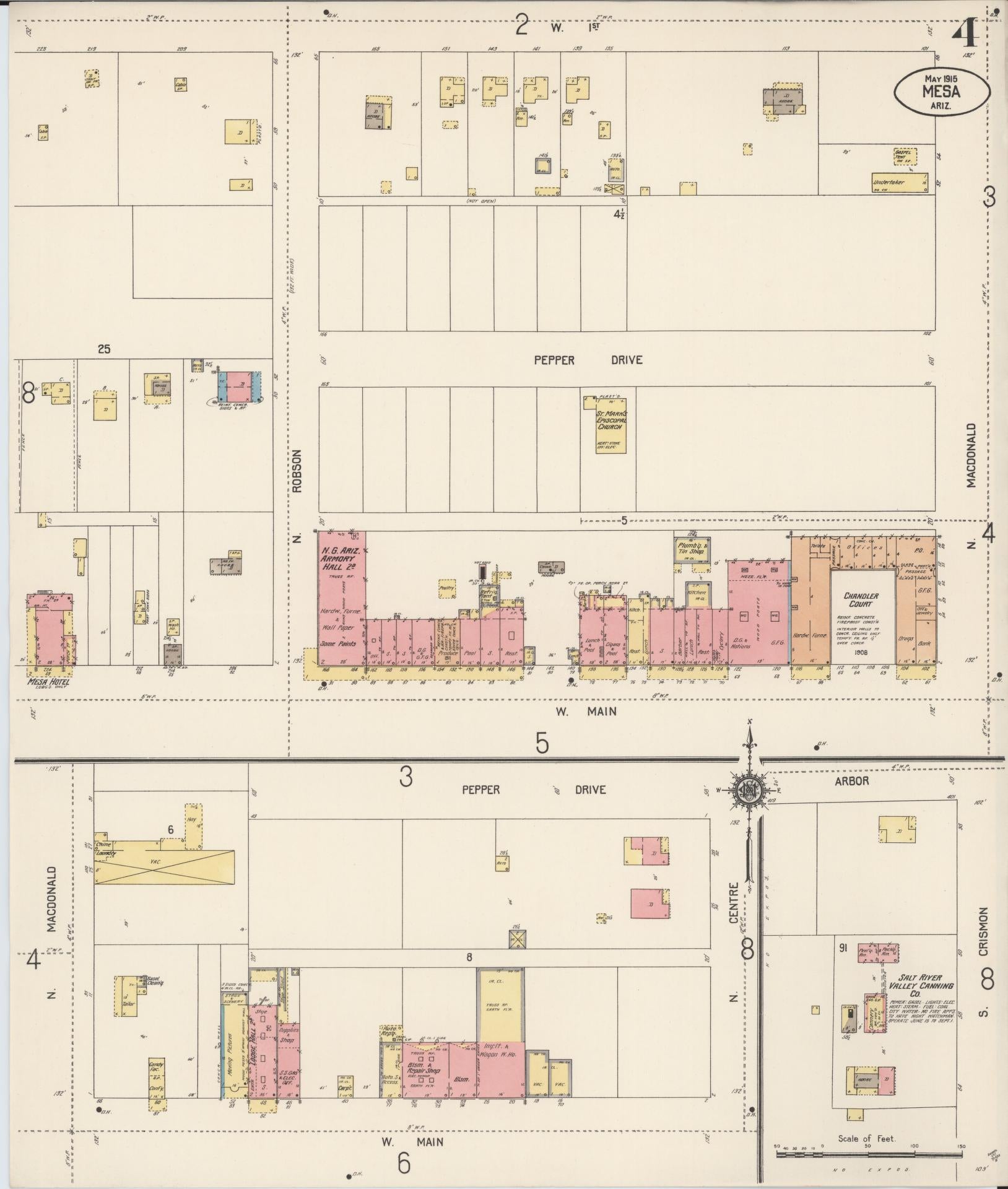 Sanborn Fire Insurance Map from Mesa, Maricopa County, Arizona (1915), Sheet #0004 - Historic Sanborn Fire Insurance Map Print, vintage old map wall art, antique decor, genealogy gift, Arizona Arizona map