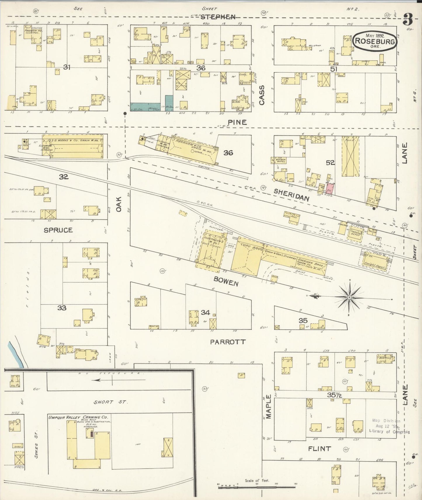 Sanborn Fire Insurance Map from Roseburg, Douglas County, Oregon (1892), Sheet #0003 - Complete Map Set gallery image, historic Sanborn map, vintage wall art, Oregon Oregon