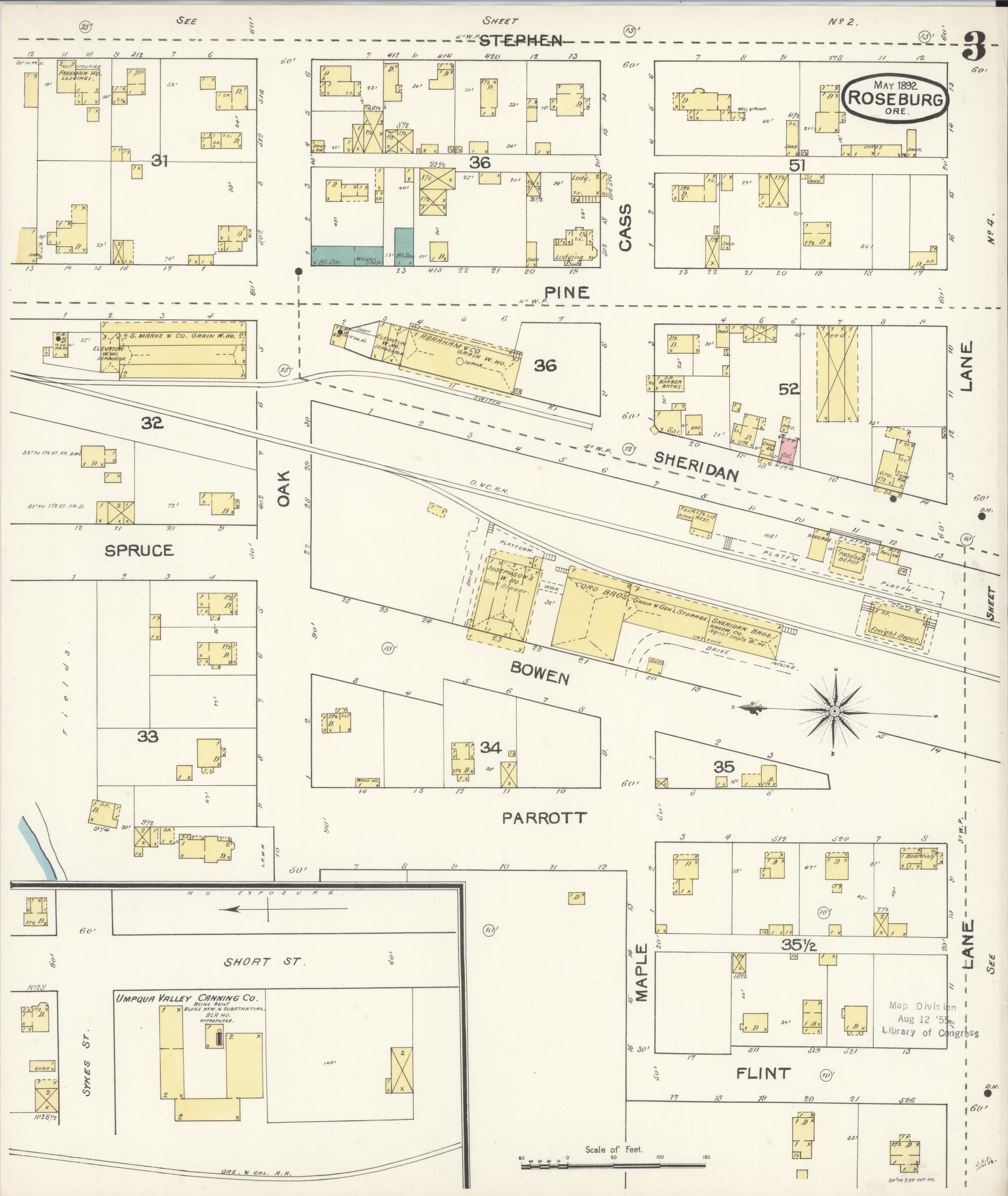 Sanborn Fire Insurance Map from Roseburg, Douglas County, Oregon (1892), Sheet #0003 - Complete Map Set gallery image, historic Sanborn map, vintage wall art, Oregon Oregon