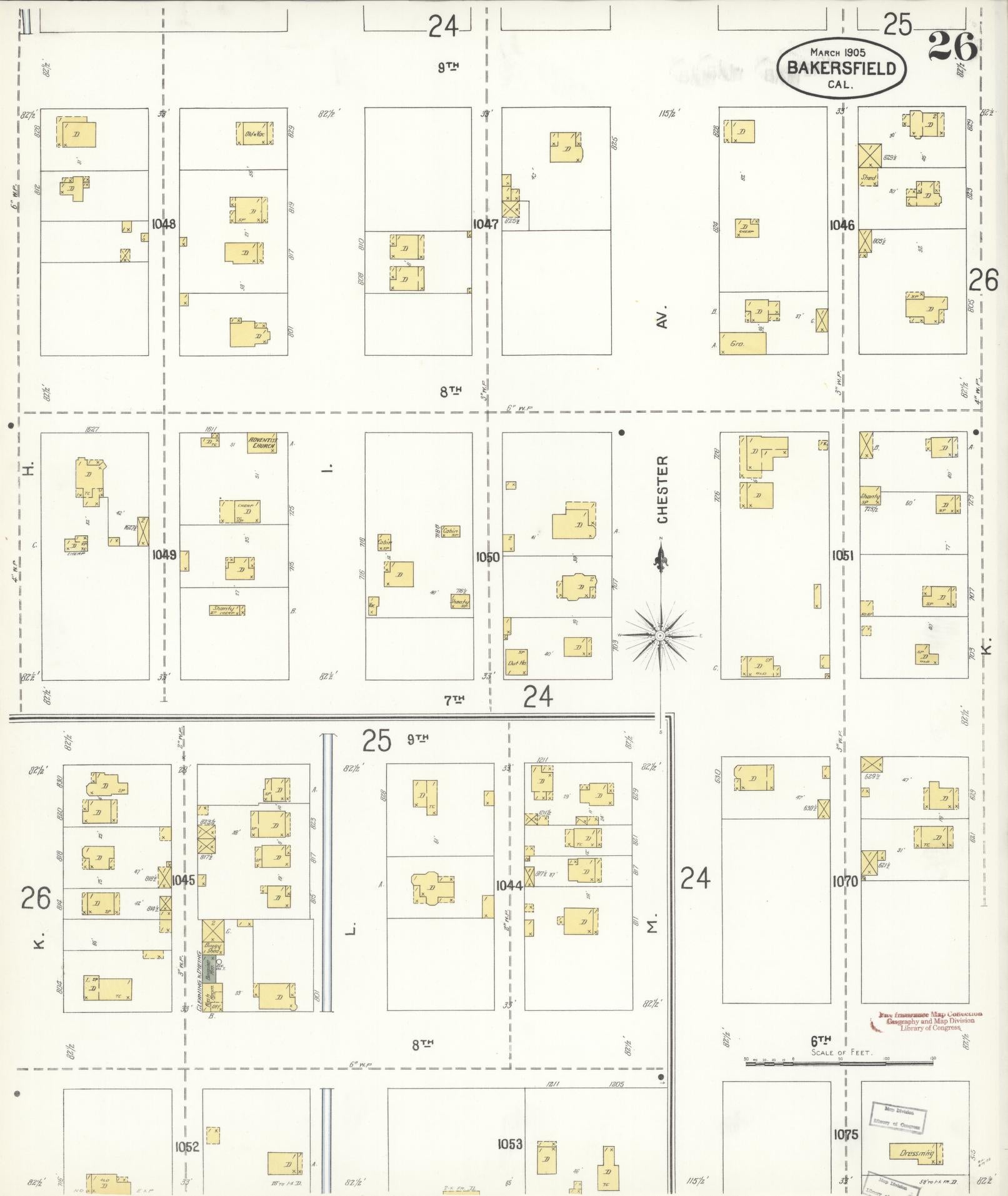 Sanborn Fire Insurance Map from Bakersfield, Kern County, California (1905), Sheet #0026 - Historic Sanborn Fire Insurance Map Print, vintage old map wall art, antique decor, genealogy gift, California California map