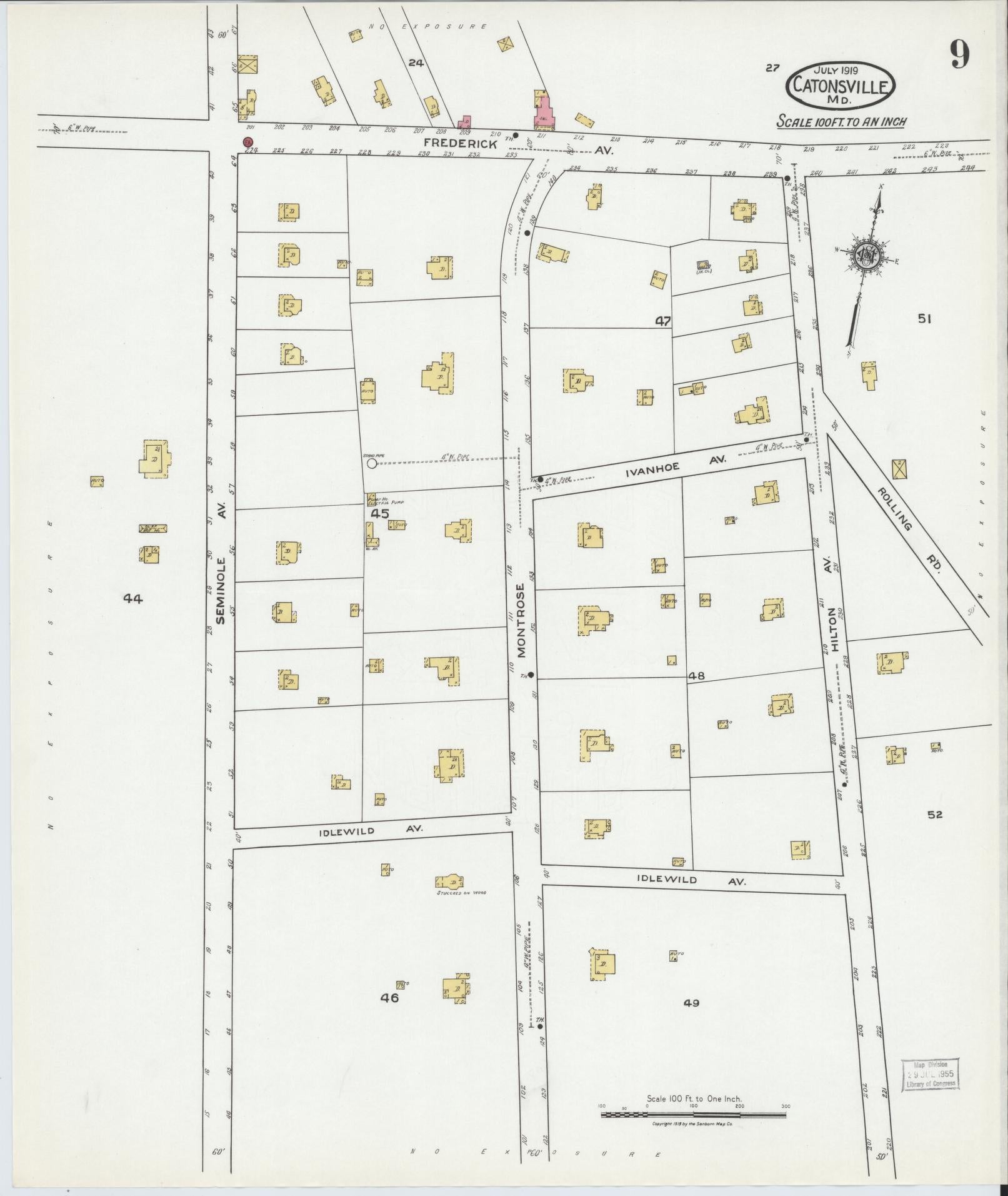 Sanborn Fire Insurance Map from Catonsville, Baltimore County, Maryland (1919), Sheet #0009 - Historic Sanborn Fire Insurance Map Print, vintage old map wall art, antique decor, genealogy gift, Maryland Maryland map