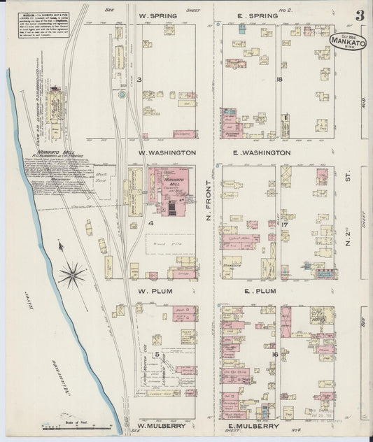 Sanborn Fire Insurance Map from Mankato, Blue Earth County, Minnesota (1884), Sheet #0003 - Historic Sanborn Fire Insurance Map Print, vintage old map wall art, antique decor, genealogy gift, Minnesota Minnesota map