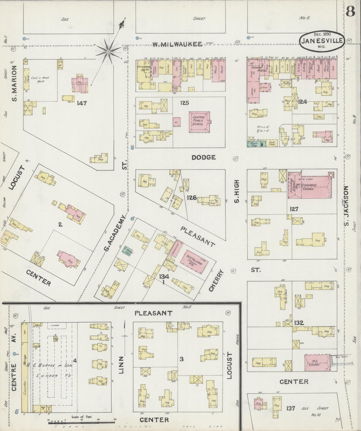 Sanborn Fire Insurance Map from Janesville, Rock County, Wisconsin (1890), Sheet #0008 - Historic Sanborn Fire Insurance Map Print, vintage old map wall art, antique decor, genealogy gift, Wisconsin Wisconsin map
