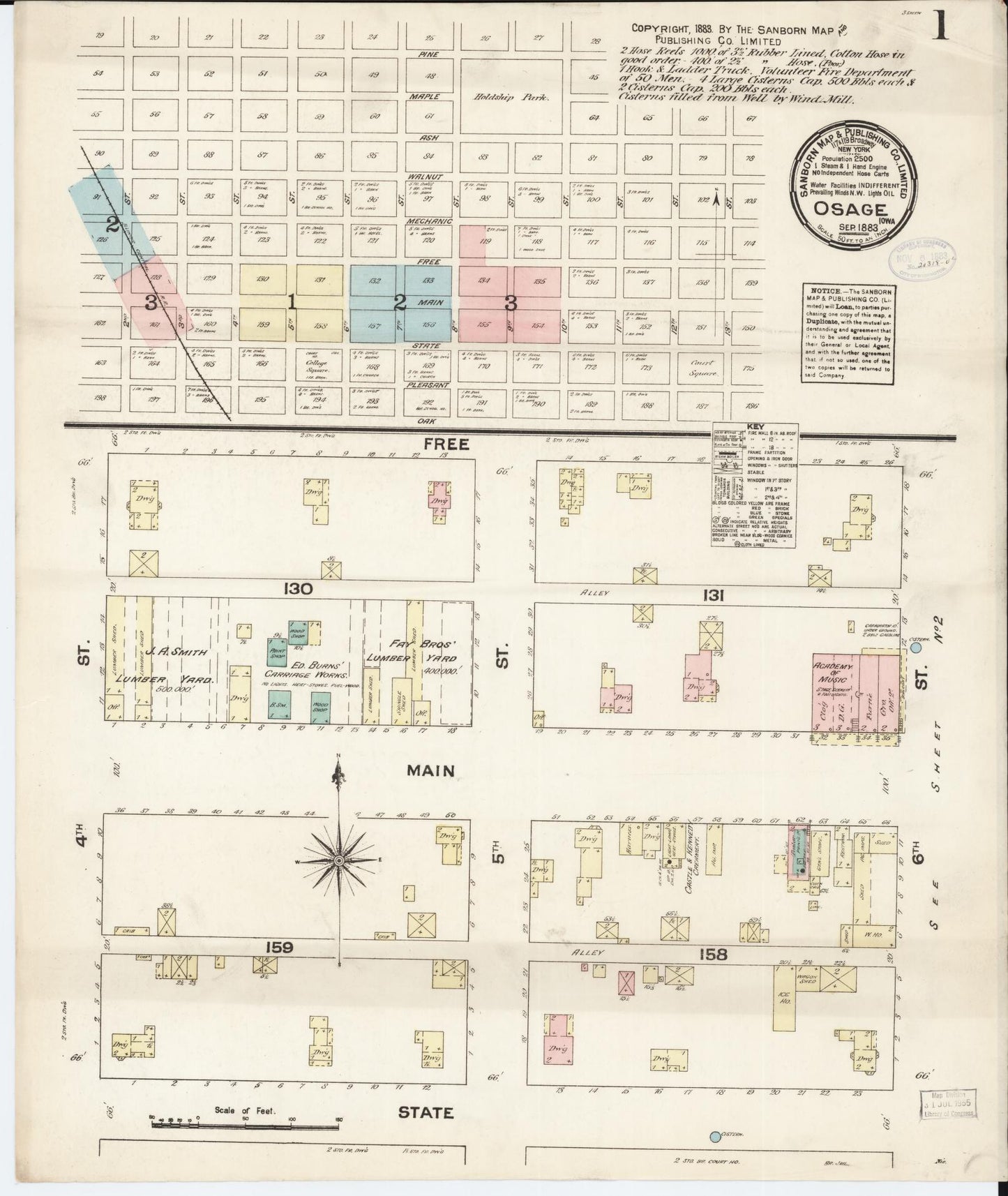 Sanborn Fire Insurance Map from Osage, Mitchell County, Iowa (1883), Sheet #0001 - Historic Sanborn Fire Insurance Map Print, vintage old map wall art