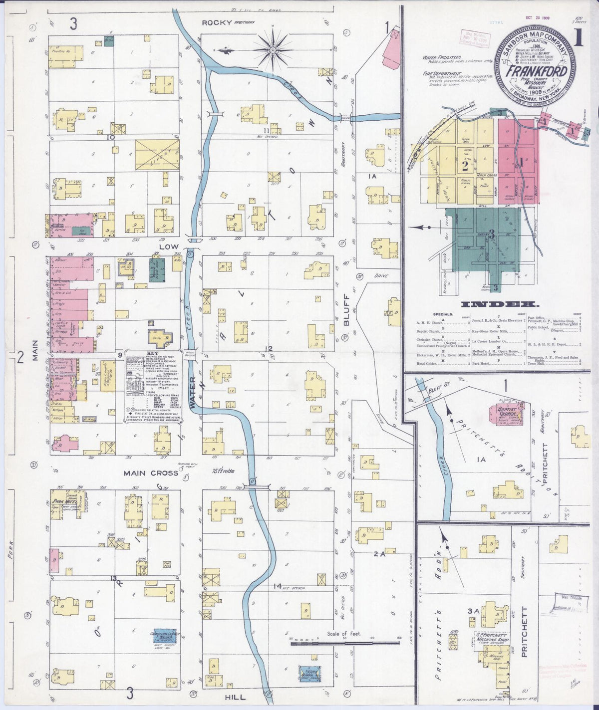 Sanborn Fire Insurance Map from Frankford, Pike County, Missouri (1909), Sheet #0001 - Complete Map Set gallery image, historic Sanborn map, vintage wall art, Missouri Missouri