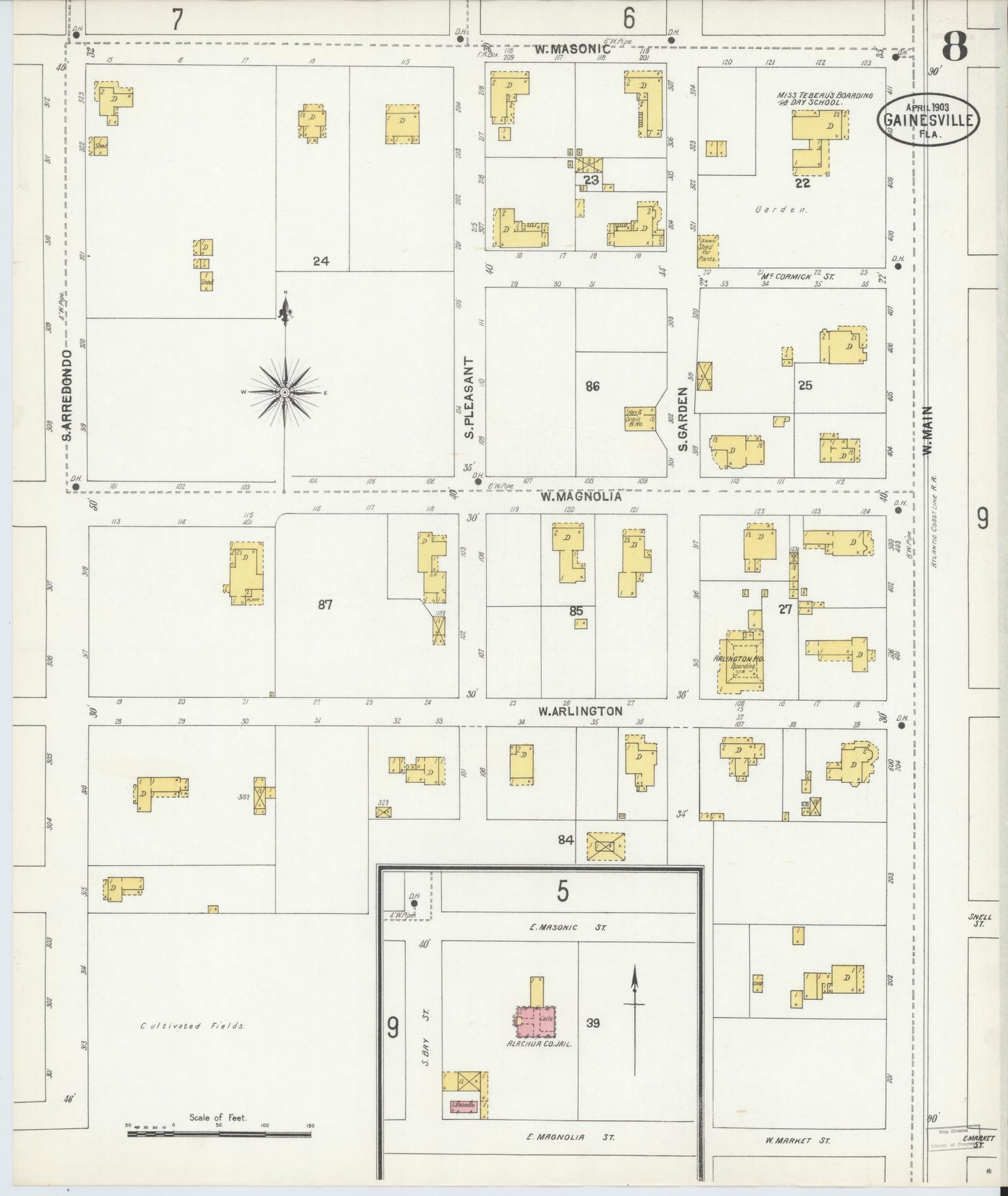 Sanborn Fire Insurance Map from Gainesville, Alachua County, Florida (1903), Sheet #0008 - Historic Sanborn Fire Insurance Map Print, vintage old map wall art, antique decor, genealogy gift, Florida Florida map