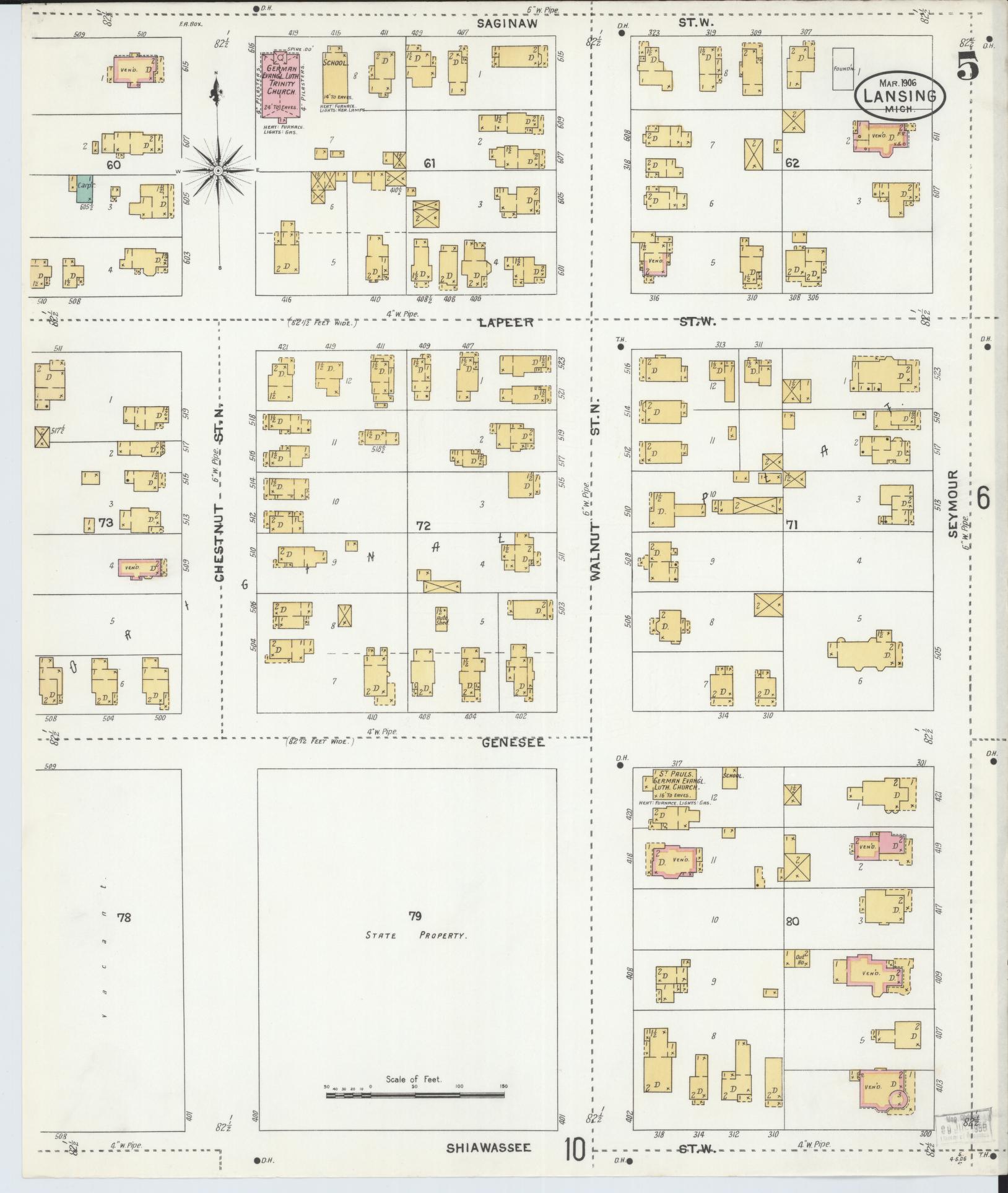Sanborn Fire Insurance Map from Lansing, Ingham County, Michigan (1906), Sheet #0005 - Historic Sanborn Fire Insurance Map Print, vintage old map wall art, antique decor, genealogy gift, Michigan Michigan map