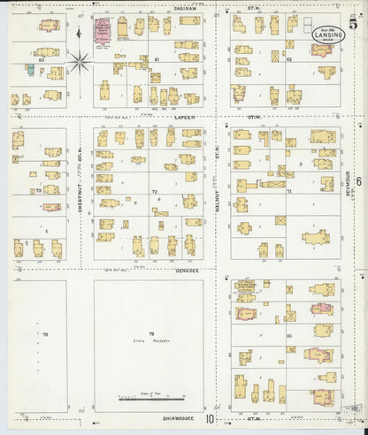 Sanborn Fire Insurance Map from Lansing, Ingham County, Michigan (1906), Sheet #0005 - Historic Sanborn Fire Insurance Map Print, vintage old map wall art, antique decor, genealogy gift, Michigan Michigan map