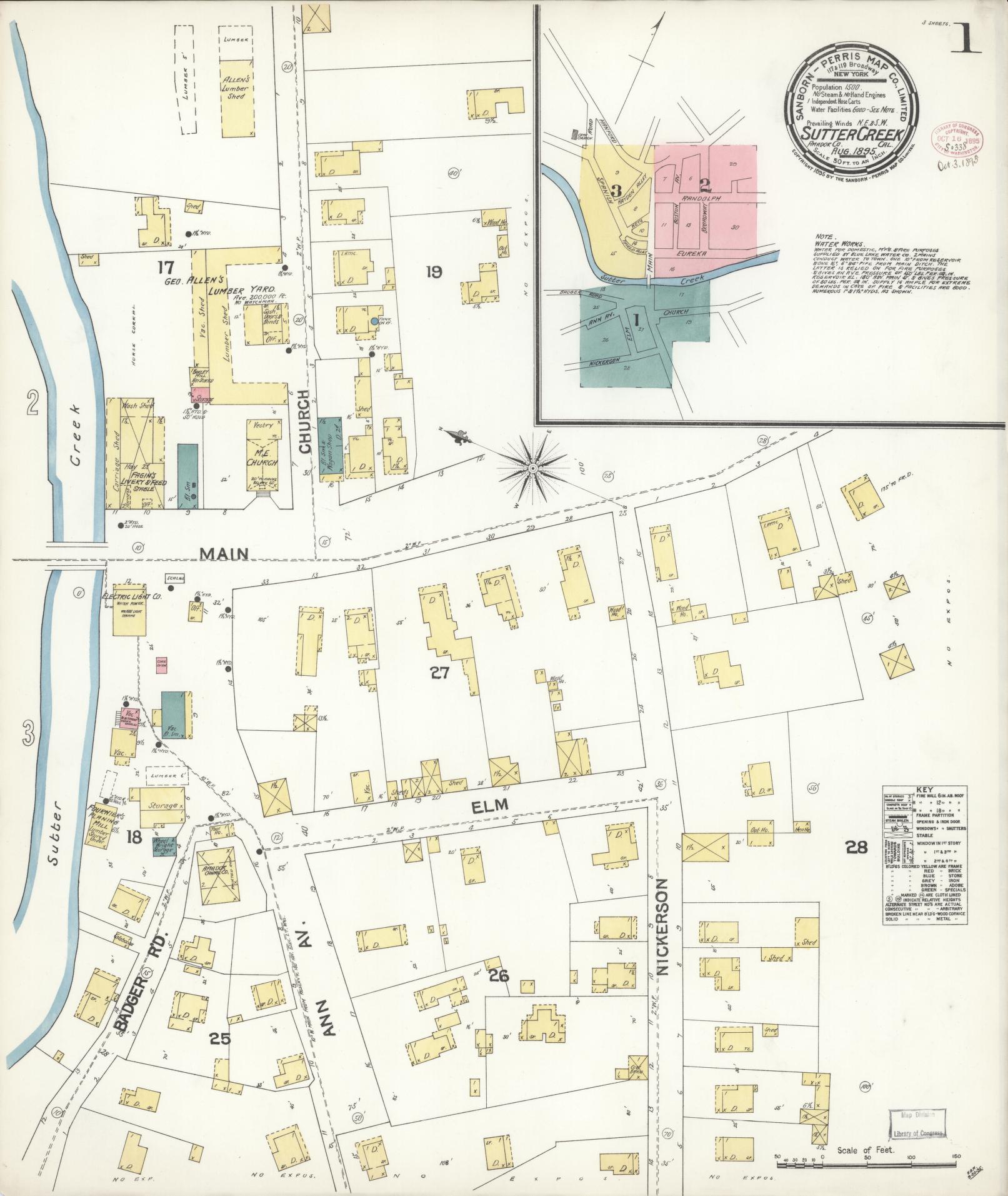 Sanborn Fire Insurance Map from Sutter Creek, Amador County, California (1895), Sheet #0001 - Complete Map Set gallery image, historic Sanborn map, vintage wall art, California California