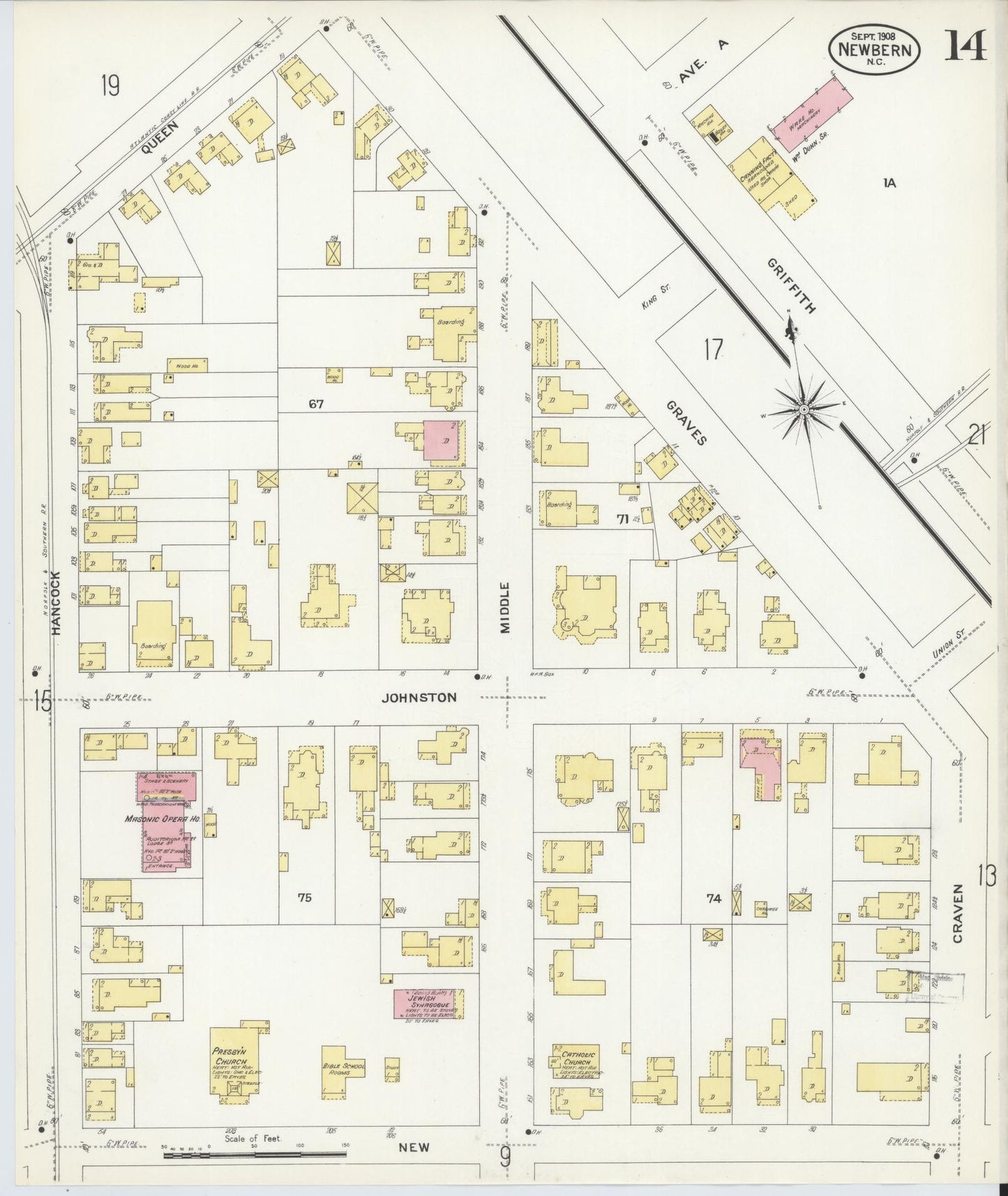 Sanborn Fire Insurance Map from New Bern, Craven County, North Carolina (1908), Sheet #0014 - Complete Map Set gallery image, historic Sanborn map, vintage wall art, North Carolina North Carolina
