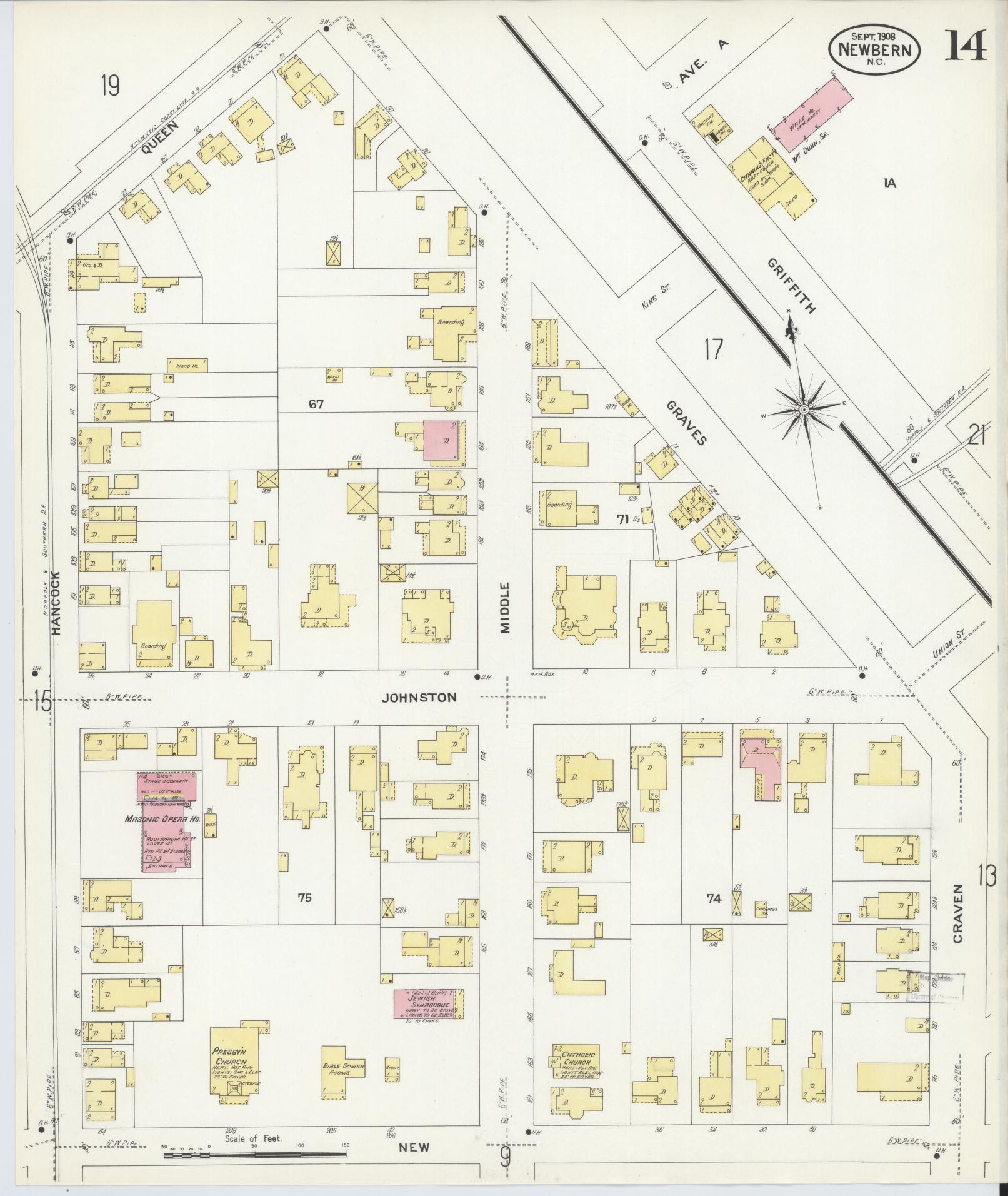 Sanborn Fire Insurance Map from New Bern, Craven County, North Carolina (1908), Sheet #0014 - Complete Map Set gallery image, historic Sanborn map, vintage wall art, North Carolina North Carolina