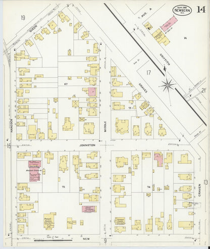 Sanborn Fire Insurance Map from New Bern, Craven County, North Carolina (1908), Sheet #0014 - Complete Map Set gallery image, historic Sanborn map, vintage wall art, North Carolina North Carolina