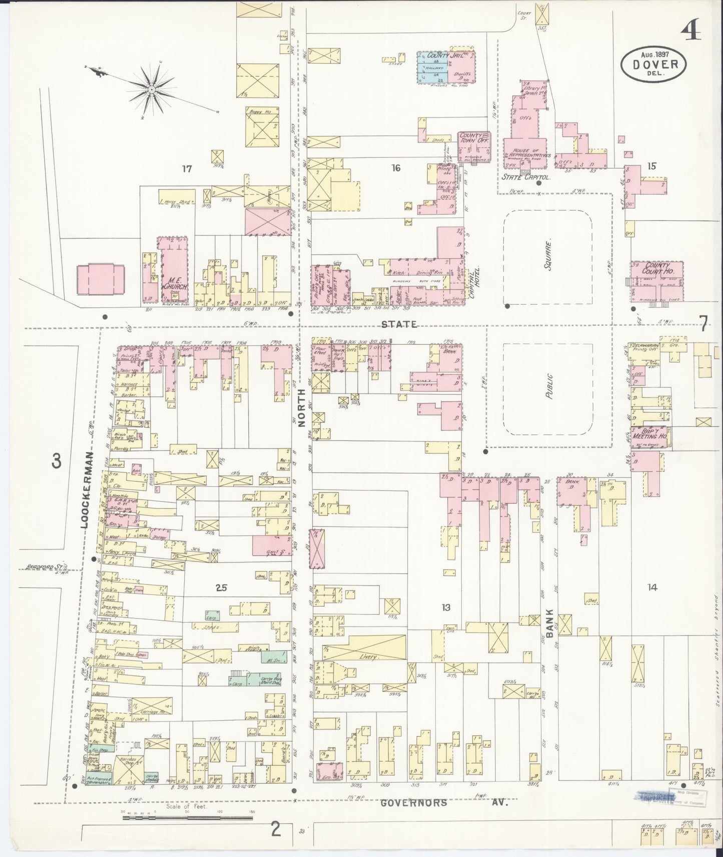 Sanborn Fire Insurance Map from Dover, Kent County, Delaware (1897), Sheet #0004 - Complete Map Set gallery image, historic Sanborn map, vintage wall art, Delaware Delaware
