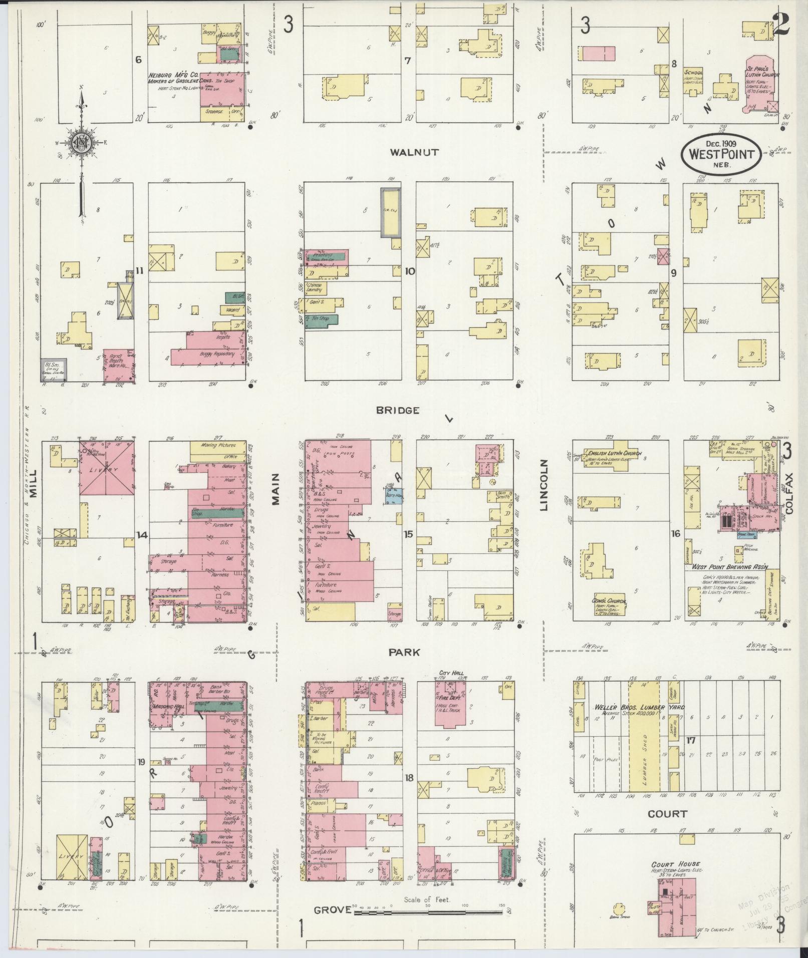 Sanborn Fire Insurance Map from West Point, Cuming County, Nebraska (1909), Sheet #0002 - Historic Sanborn Fire Insurance Map Print, vintage old map wall art, antique decor, genealogy gift, Nebraska Nebraska map