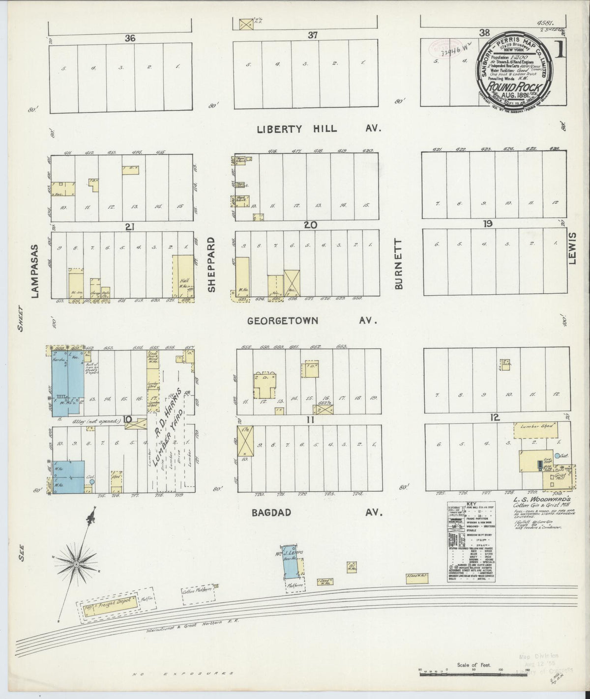 Sanborn Fire Insurance Map from Round Rock, Williamson County, Texas (1891), Sheet #0001 - Complete Map Set gallery image, historic Sanborn map, vintage wall art, Texas Texas