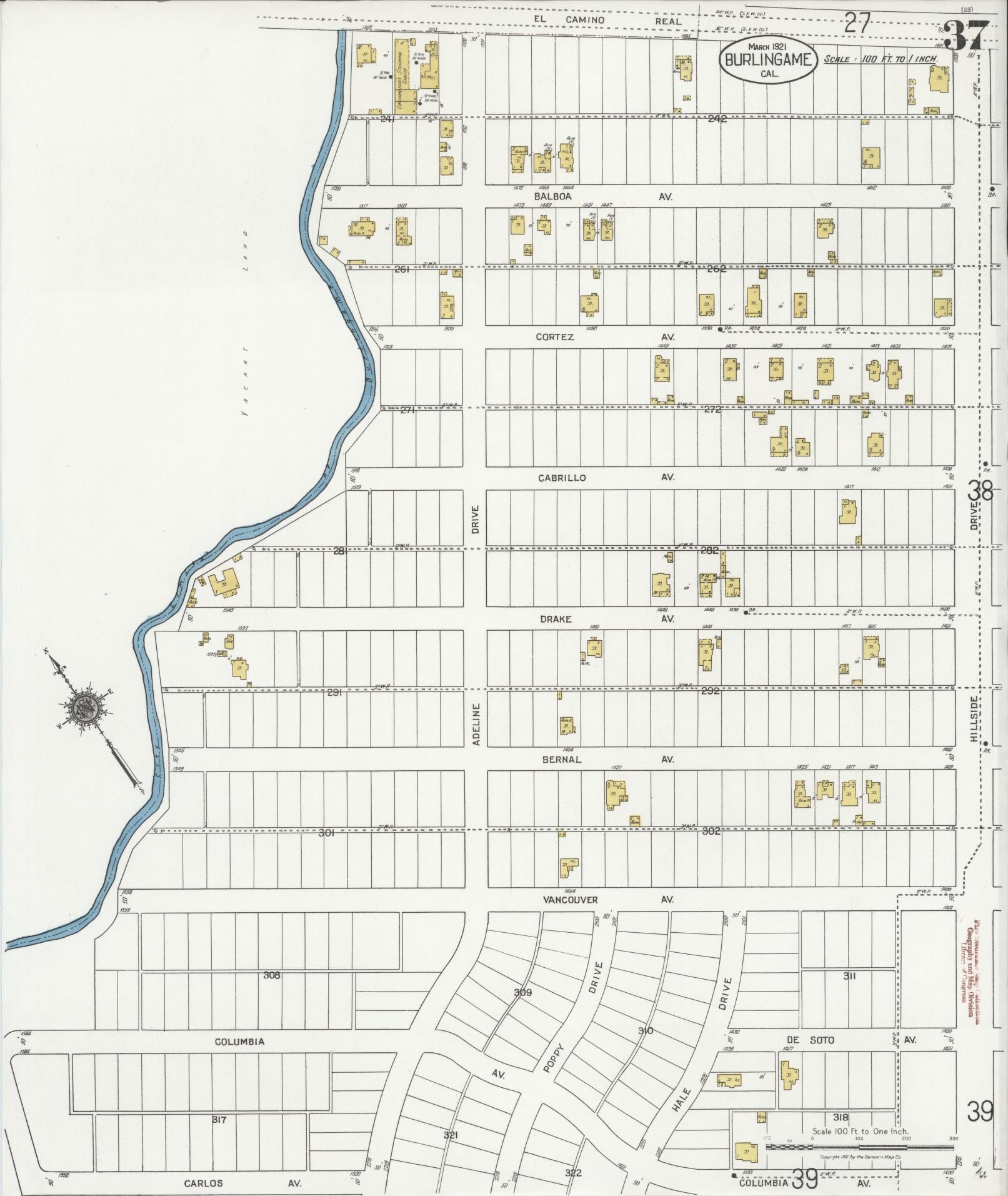 Sanborn Fire Insurance Map from Burlingame, San Mateo County, California (1921), Sheet #0037 - Historic Sanborn Fire Insurance Map Print, vintage old map wall art, antique decor, genealogy gift, California California map