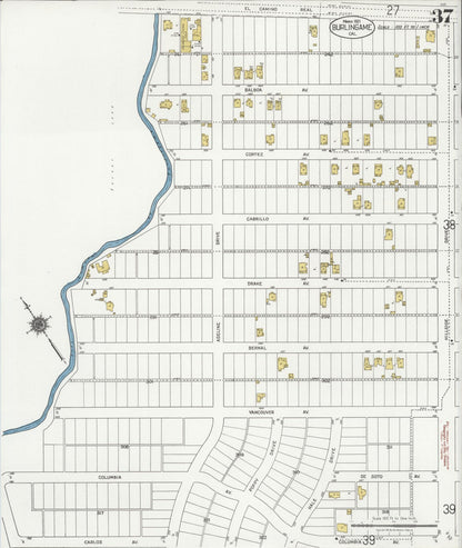 Sanborn Fire Insurance Map from Burlingame, San Mateo County, California (1921), Sheet #0037 - Historic Sanborn Fire Insurance Map Print, vintage old map wall art, antique decor, genealogy gift, California California map