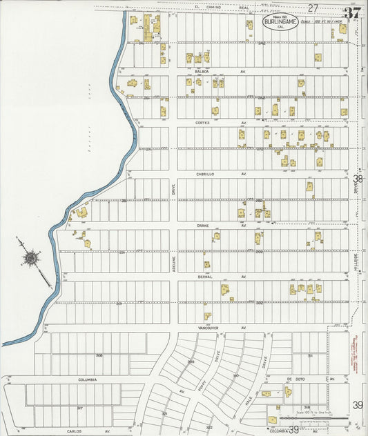 Sanborn Fire Insurance Map from Burlingame, San Mateo County, California (1921), Sheet #0037 - Historic Sanborn Fire Insurance Map Print, vintage old map wall art, antique decor, genealogy gift, California California map