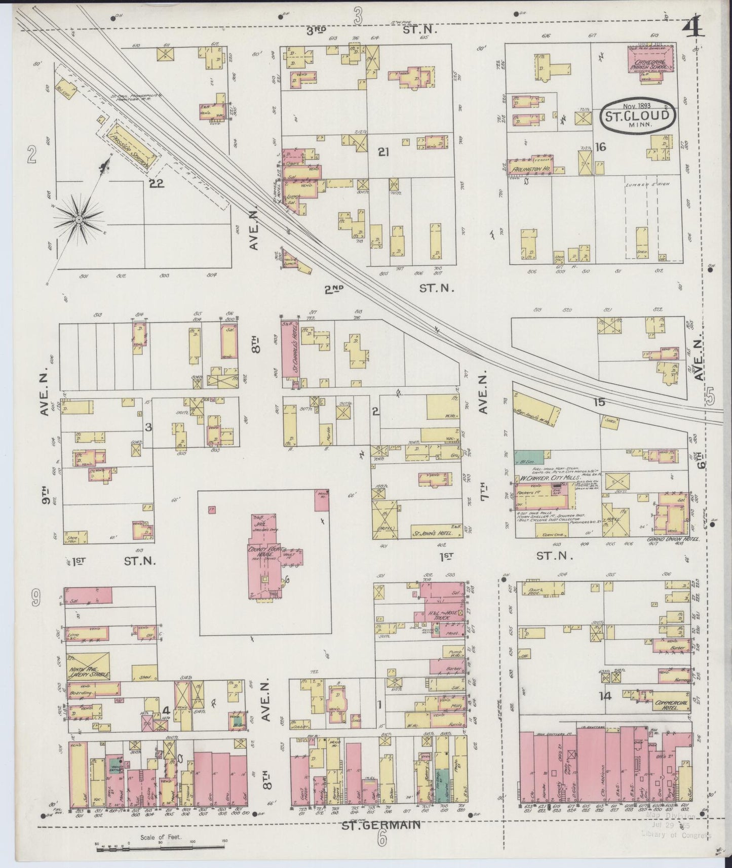 Sanborn Fire Insurance Map from Saint Cloud, Stearns, Benton, and Sherburne Counties, Minnesota (1893), Sheet #0004 - Complete Map Set gallery image, historic Sanborn map, vintage wall art, Minnesota Minnesota