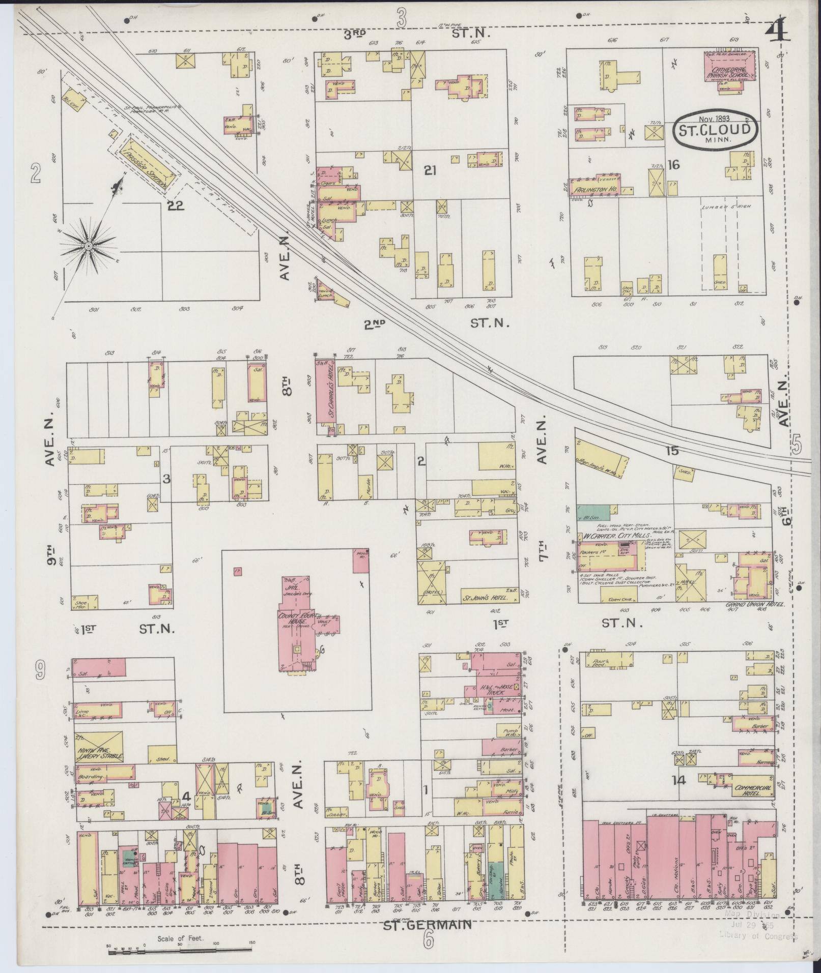 Sanborn Fire Insurance Map from Saint Cloud, Stearns, Benton, and Sherburne Counties, Minnesota (1893), Sheet #0004 - Complete Map Set gallery image, historic Sanborn map, vintage wall art, Minnesota Minnesota