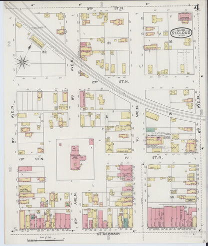 Sanborn Fire Insurance Map from Saint Cloud, Stearns, Benton, and Sherburne Counties, Minnesota (1893), Sheet #0004 - Complete Map Set gallery image, historic Sanborn map, vintage wall art, Minnesota Minnesota