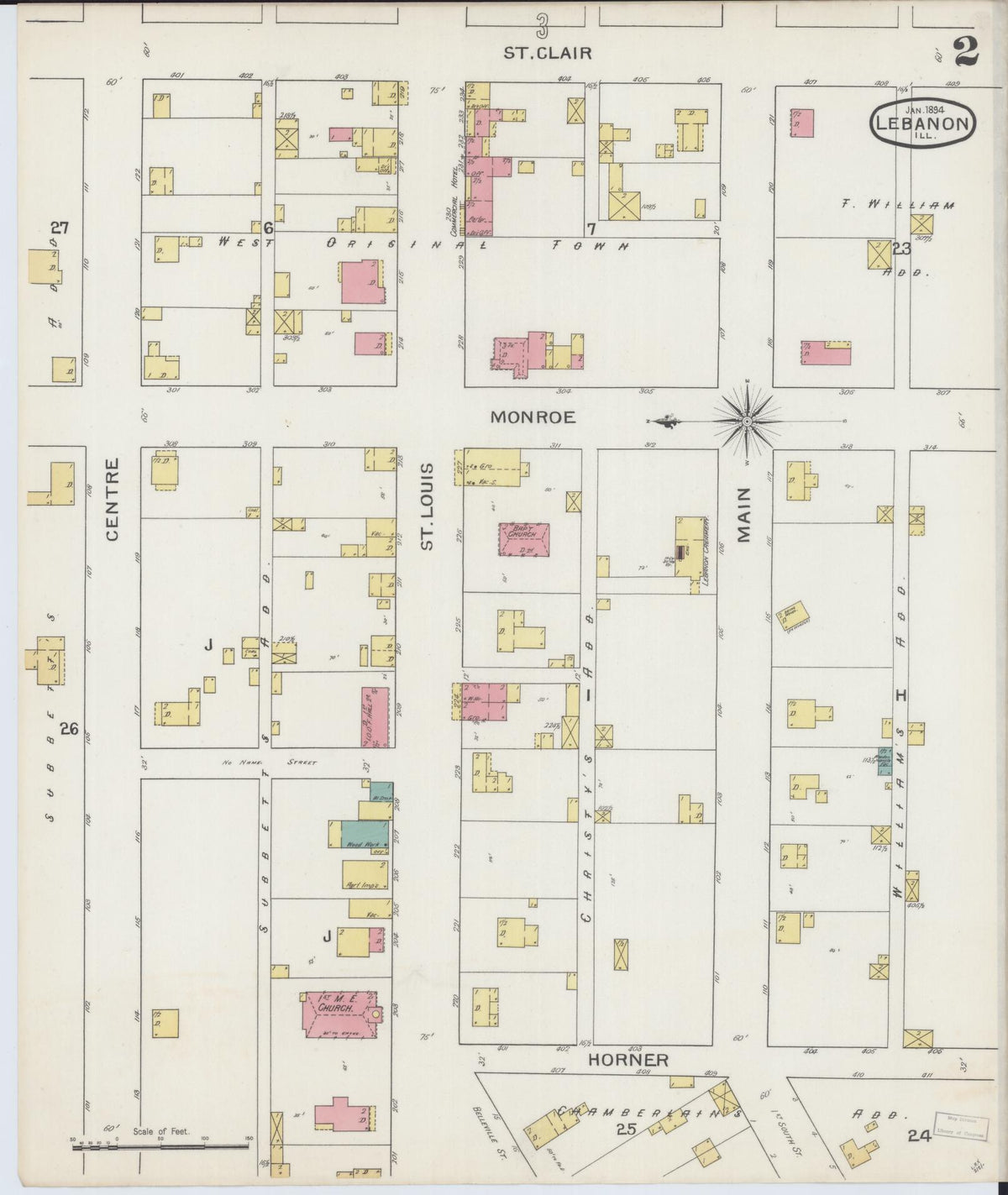 Sanborn Fire Insurance Map from Lebanon, Saint Clair County, Illinois (1894), Sheet #0002 - Complete Map Set gallery image, historic Sanborn map, vintage wall art, Illinois Illinois