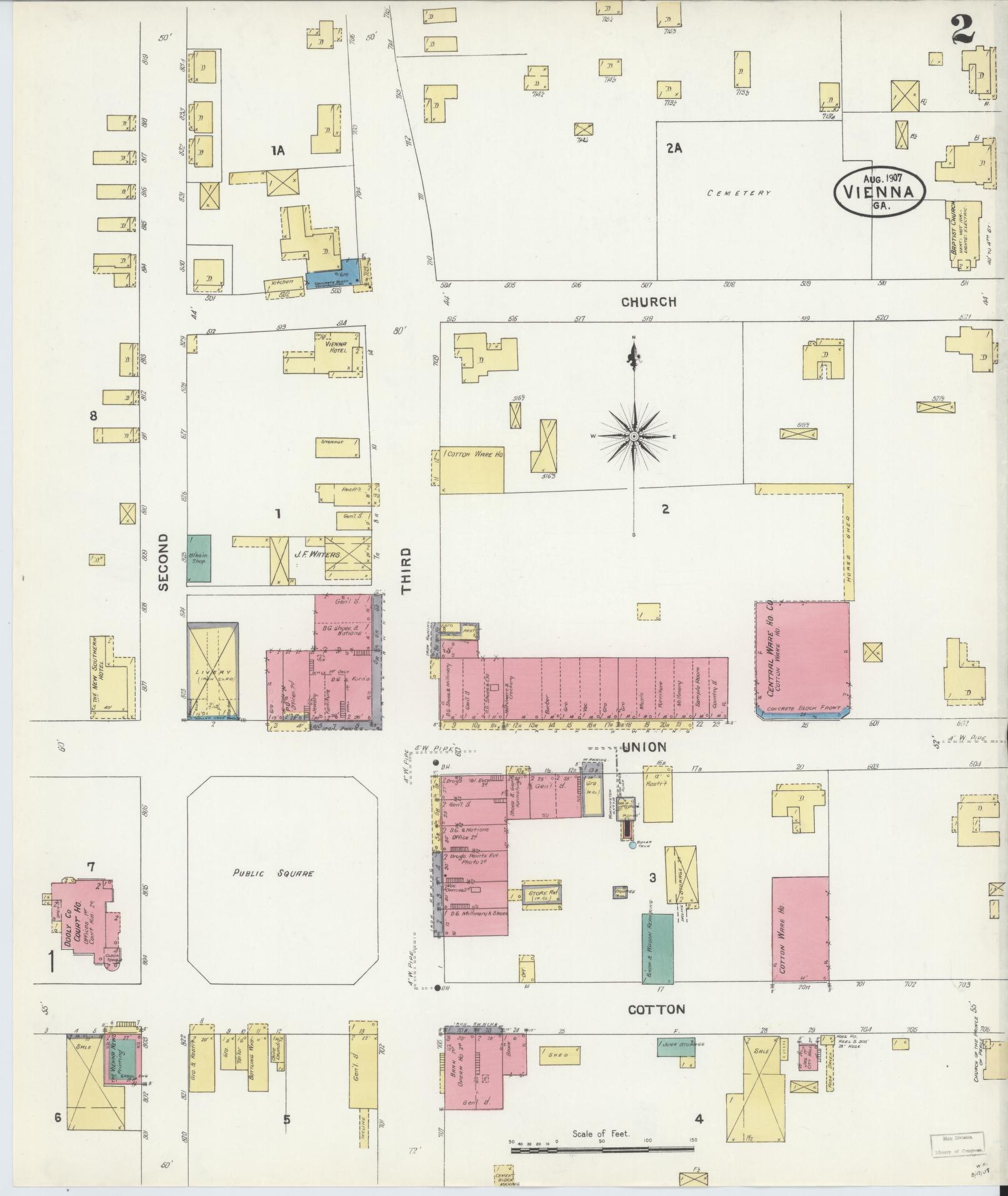 Sanborn Fire Insurance Map from Vienna, Dooly County, Georgia (1907), Sheet #0002 - Complete Map Set gallery image, historic Sanborn map, vintage wall art, Georgia Georgia