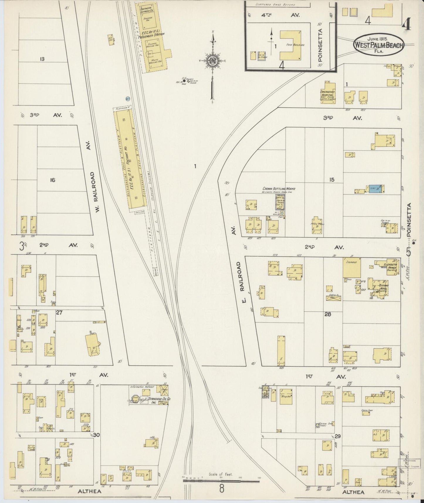 Sanborn Fire Insurance Map from West Palm Beach, Dade County, Florida (1915), Sheet #0004 - Complete Map Set gallery image, historic Sanborn map, vintage wall art, Florida Florida