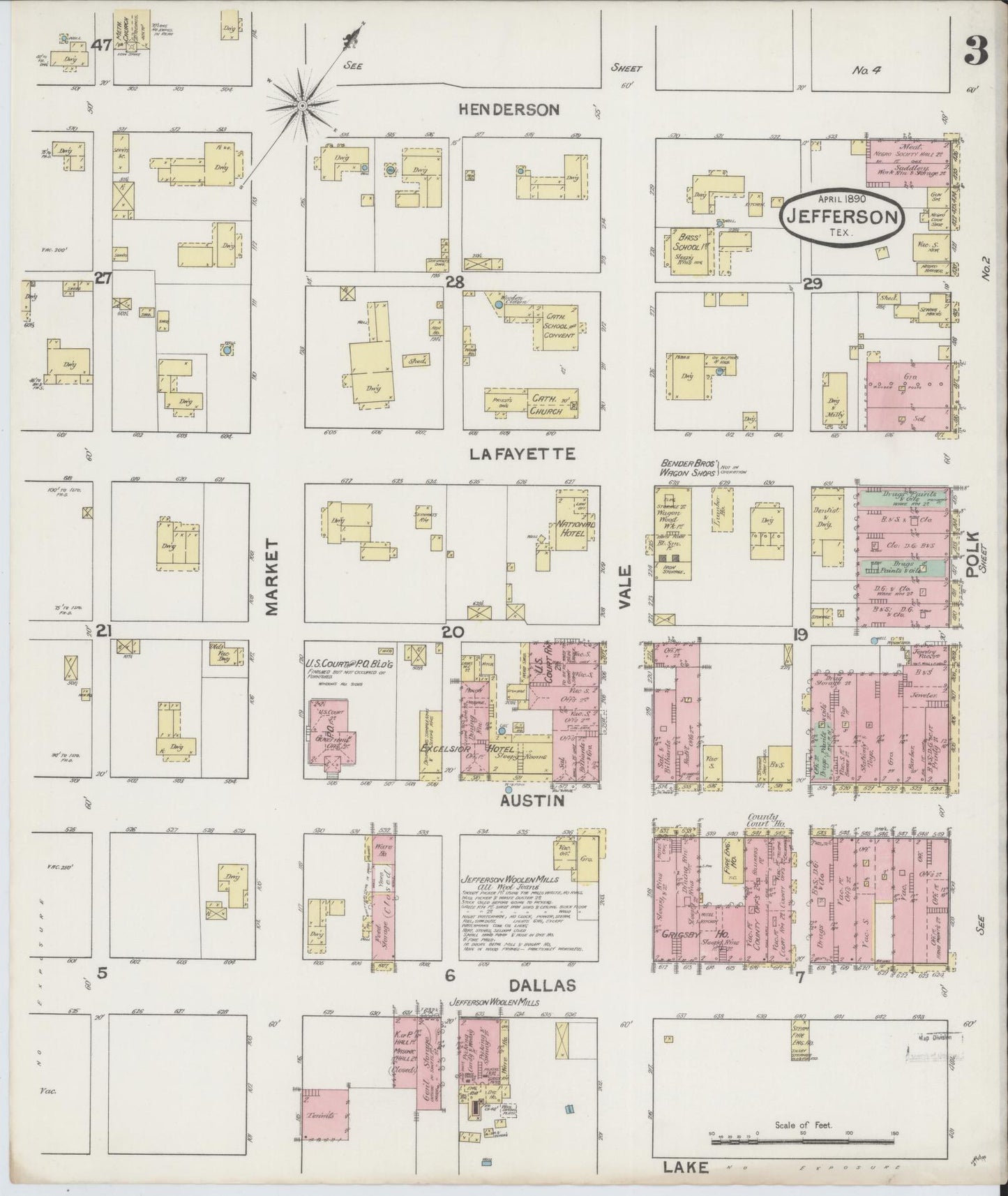Sanborn Fire Insurance Map from Jefferson, Marion County, Texas (1890), Sheet #0003 - Historic Sanborn Fire Insurance Map Print, vintage old map wall art, antique decor, genealogy gift, Texas Texas map