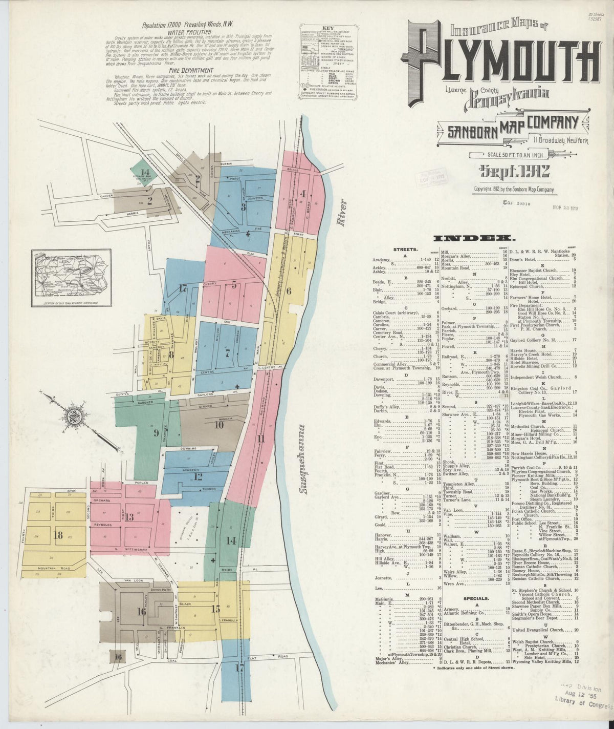 Sanborn Fire Insurance Map from Plymouth, Luzerne County, Pennsylvania (1912), Sheet #0001 - Historic Sanborn Fire Insurance Map Print, vintage old map wall art, antique decor, genealogy gift, Pennsylvania Pennsylvania map
