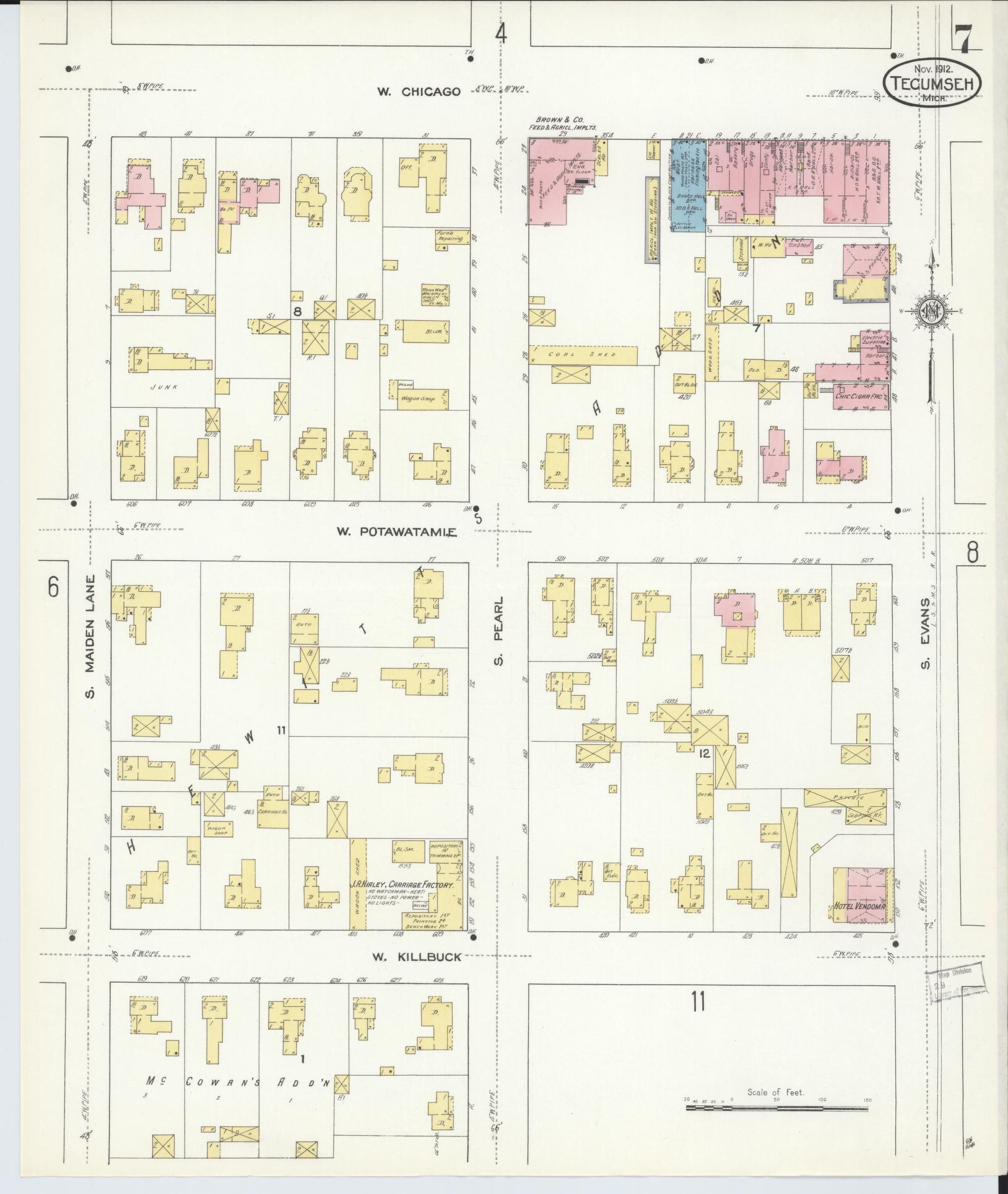 Sanborn Fire Insurance Map from Tecumseh, Lenawee County, Michigan (1912), Sheet #0007 - Complete Map Set gallery image, historic Sanborn map, vintage wall art, Michigan Michigan