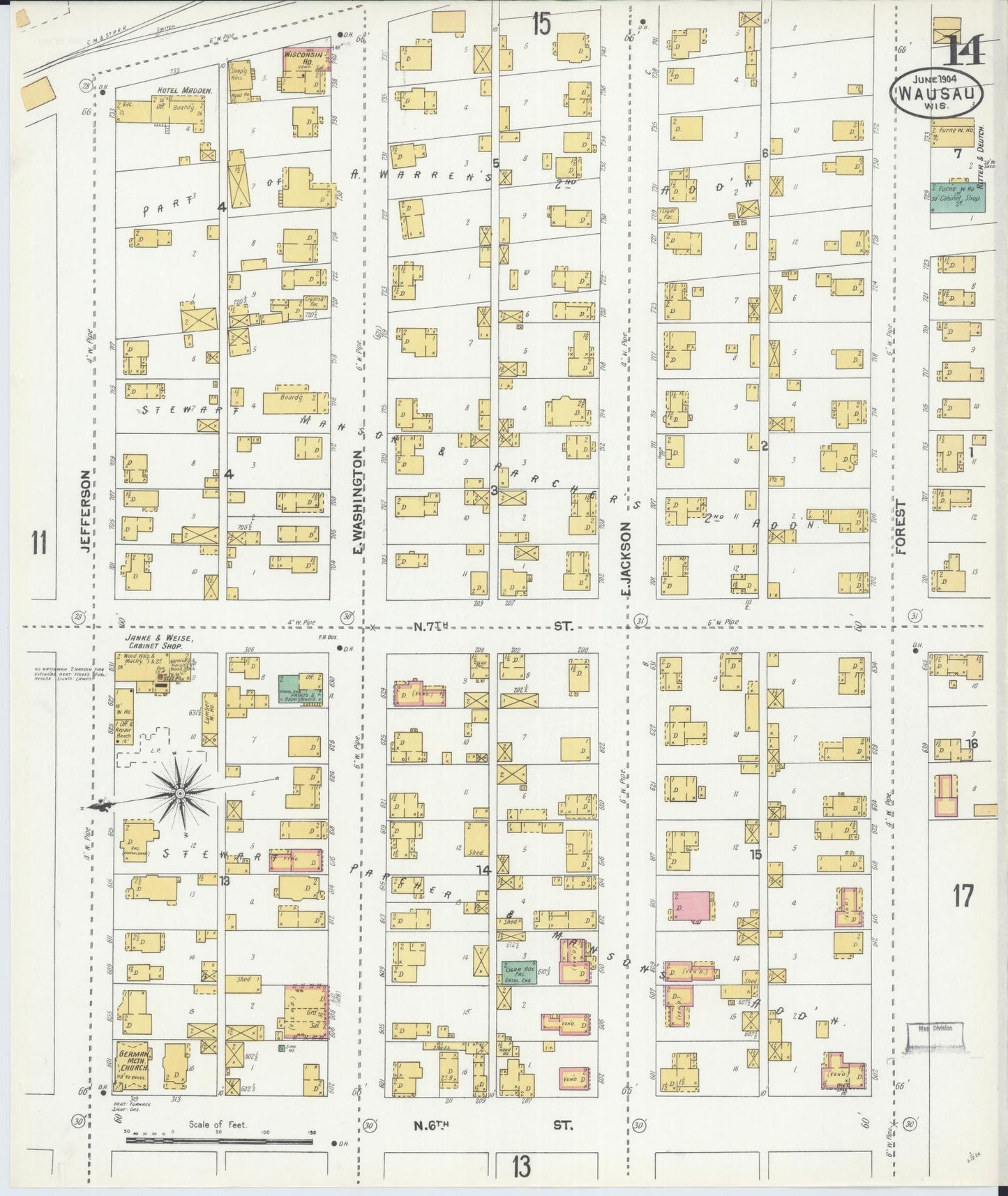 Sanborn Fire Insurance Map from Wausau, Marathon County, Wisconsin (1904), Sheet #0014 - Complete Map Set gallery image, historic Sanborn map, vintage wall art, Wisconsin Wisconsin