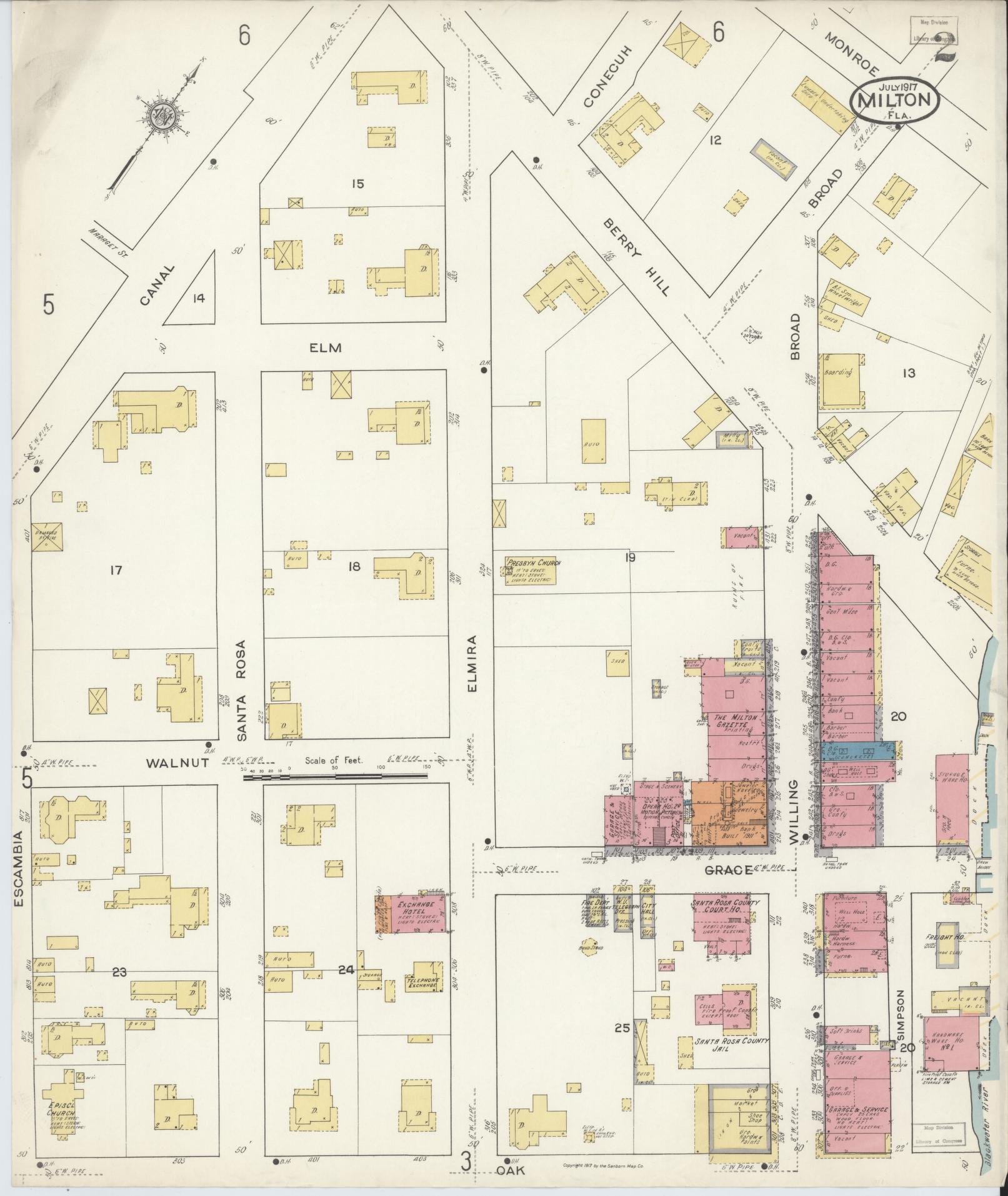 Sanborn Fire Insurance Map from Milton, Santa Rosa County, Florida (1917), Sheet #0002 - Complete Map Set gallery image, historic Sanborn map, vintage wall art, Florida Florida