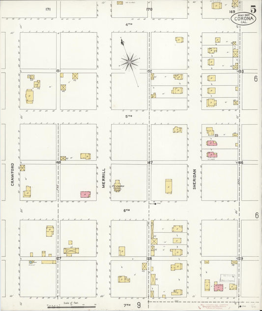 Sanborn Fire Insurance Map from Corona, Riverside County, California (1907), Sheet #0005 - Historic Sanborn Fire Insurance Map Print, vintage old map wall art, antique decor, genealogy gift, California California map