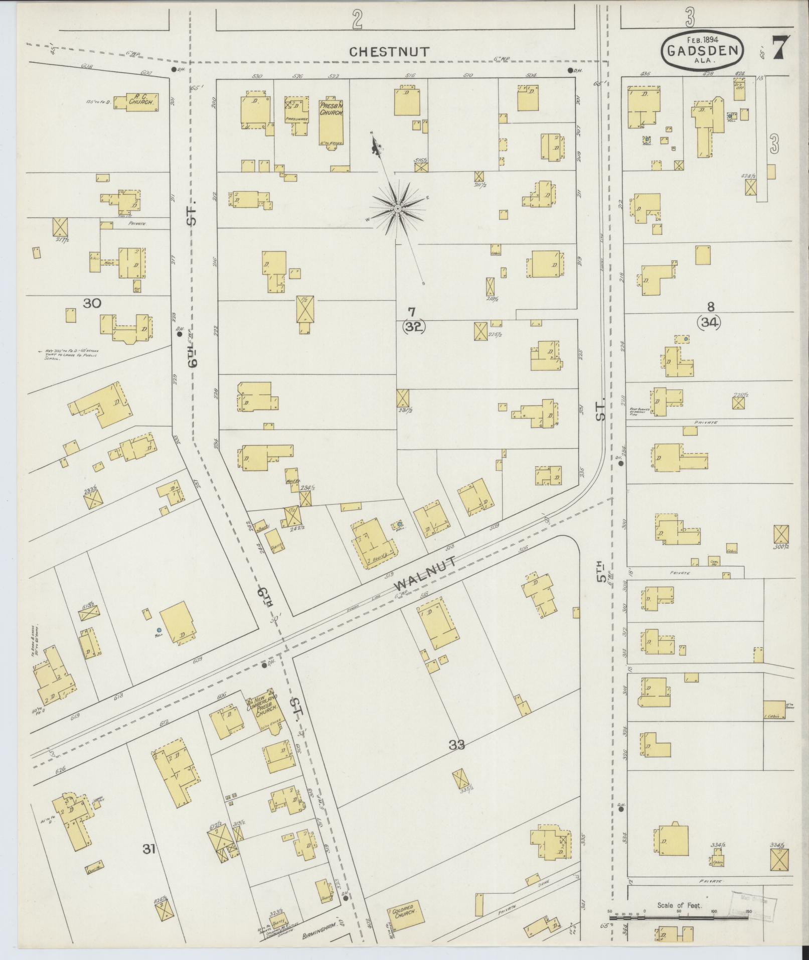 Sanborn Fire Insurance Map from Gadsden, Etowah County, Alabama (1894), Sheet #0007 - Historic Sanborn Fire Insurance Map Print, vintage old map wall art, antique decor, genealogy gift, Alabama Alabama map