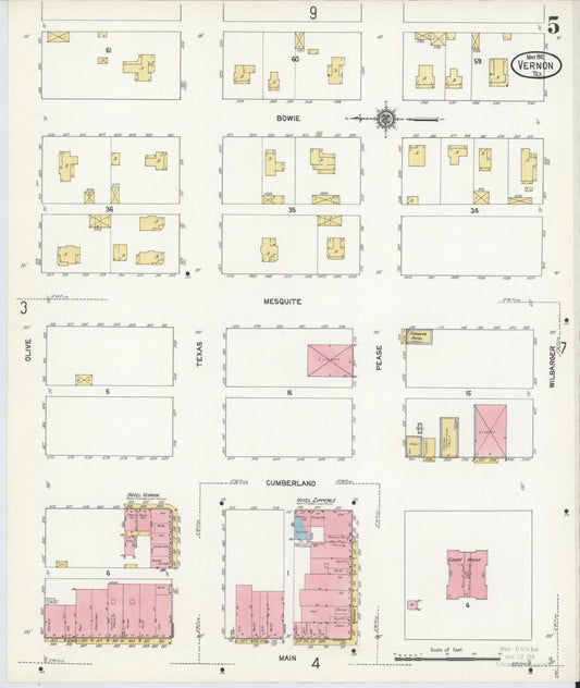Sanborn Fire Insurance Map from Vernon, Wilbarger County, Texas (1912), Sheet #0005 - Historic Sanborn Fire Insurance Map Print, vintage old map wall art, antique decor, genealogy gift, Texas Texas map