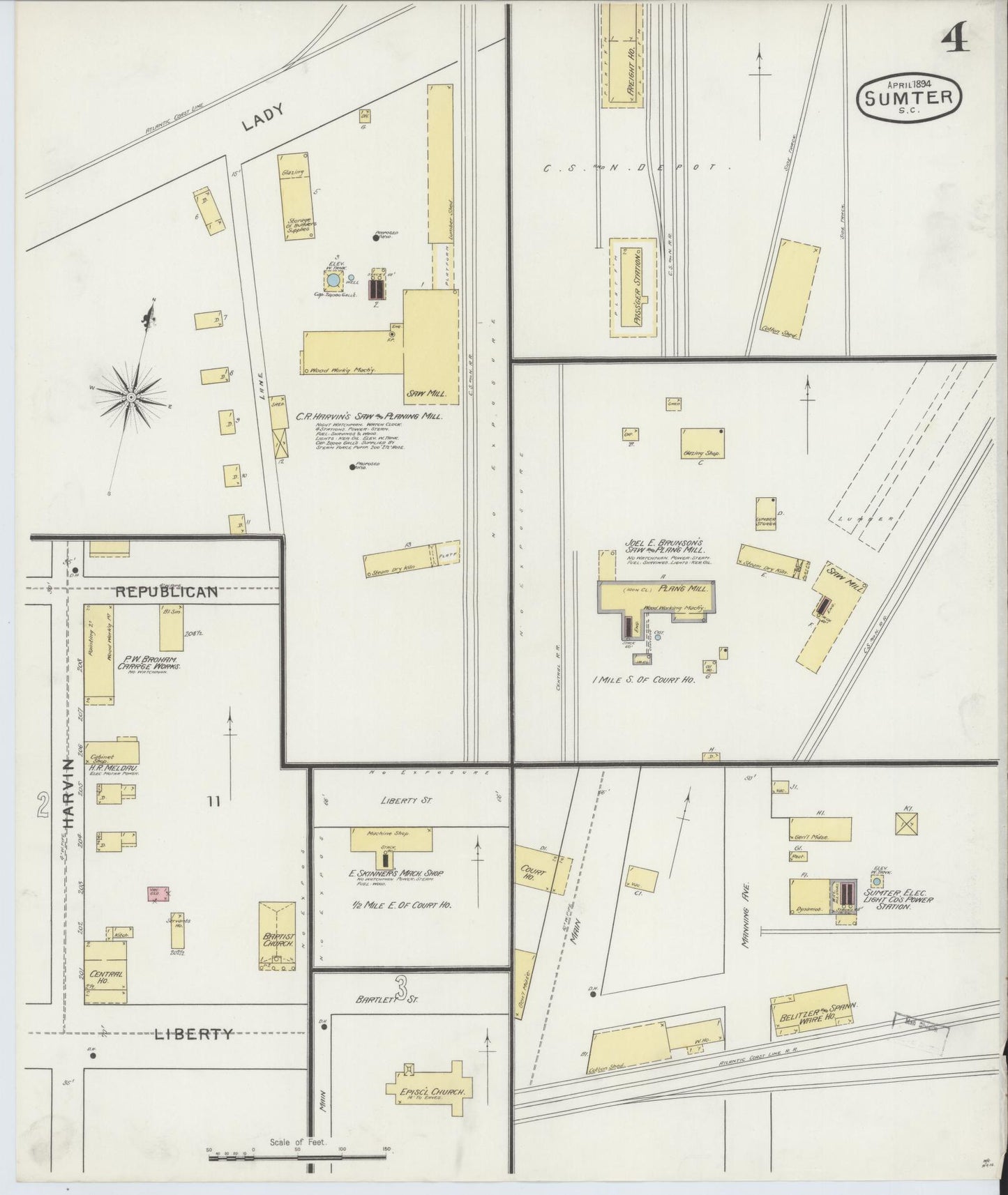 Sanborn Fire Insurance Map from Sumter, Sumter County, South Carolina (1894), Sheet #0004 - Complete Map Set gallery image, historic Sanborn map, vintage wall art, South Carolina South Carolina