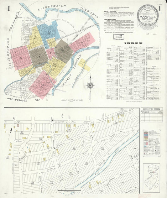Sanborn Fire Insurance Map from Manville, Somerset County, New Jersey (1945), Sheet #0001 - Historic Sanborn Fire Insurance Map Print, vintage old map wall art, antique decor, genealogy gift, New Jersey New Jersey map