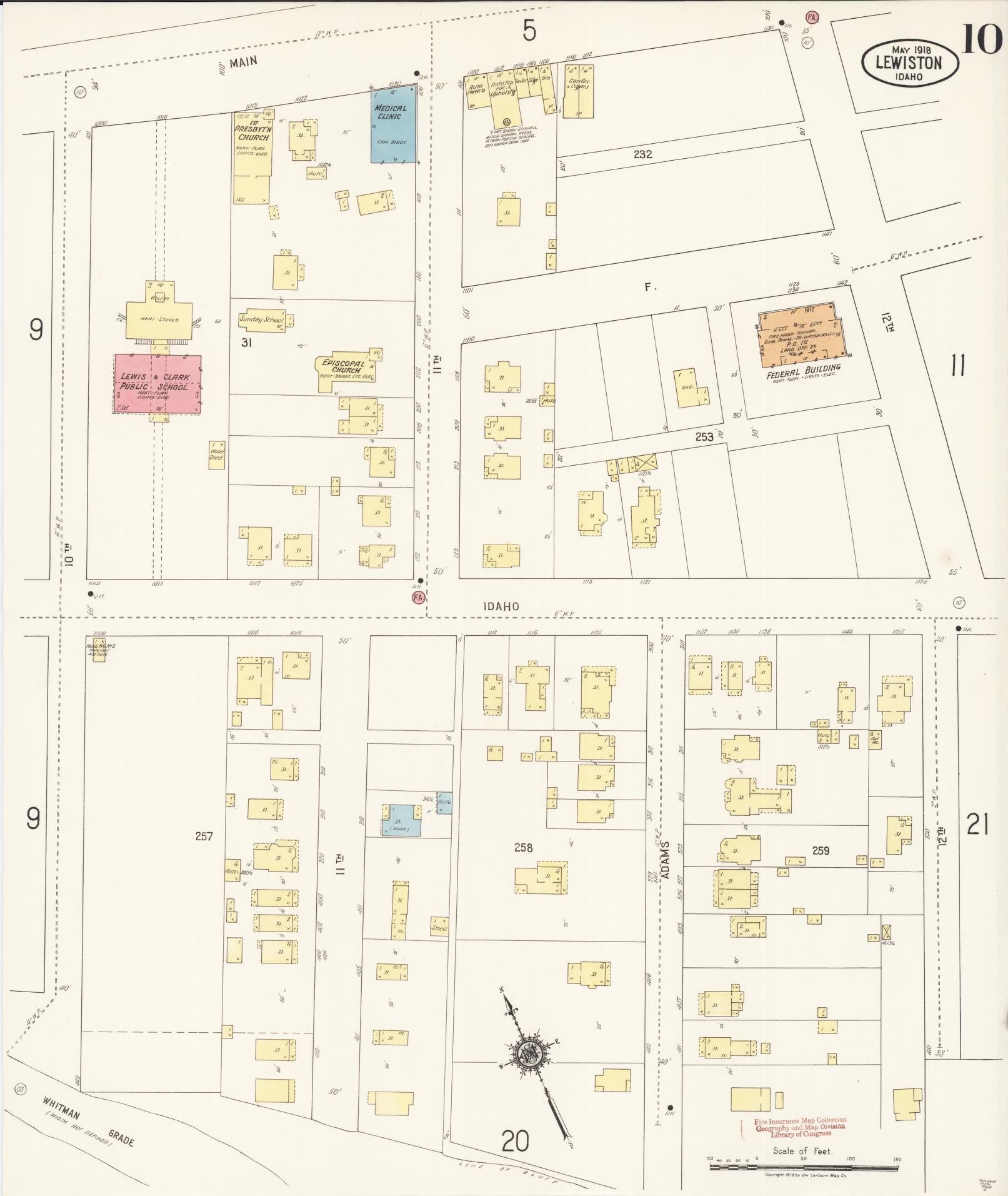 Sanborn Fire Insurance Map from Lewiston, Nez Perce County, Idaho (1918), Sheet #0010 - Historic Sanborn Fire Insurance Map Print, vintage old map wall art, antique decor, genealogy gift, Idaho Idaho map