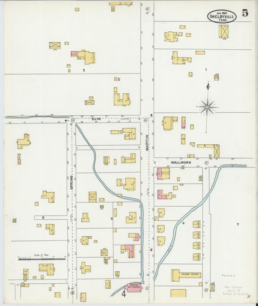 Sanborn Fire Insurance Map from Shelbyville, Bedford County, Tennessee (1905), Sheet #0005 - Historic Sanborn Fire Insurance Map Print, vintage old map wall art, antique decor, genealogy gift, Tennessee Tennessee map