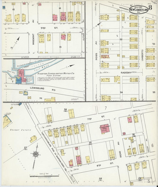 Sanborn Fire Insurance Map from New Cumberland, Cumberland County, Pennsylvania (1921), Sheet #0008 - Historic Sanborn Fire Insurance Map Print, vintage old map wall art, antique decor, genealogy gift, Pennsylvania Pennsylvania map