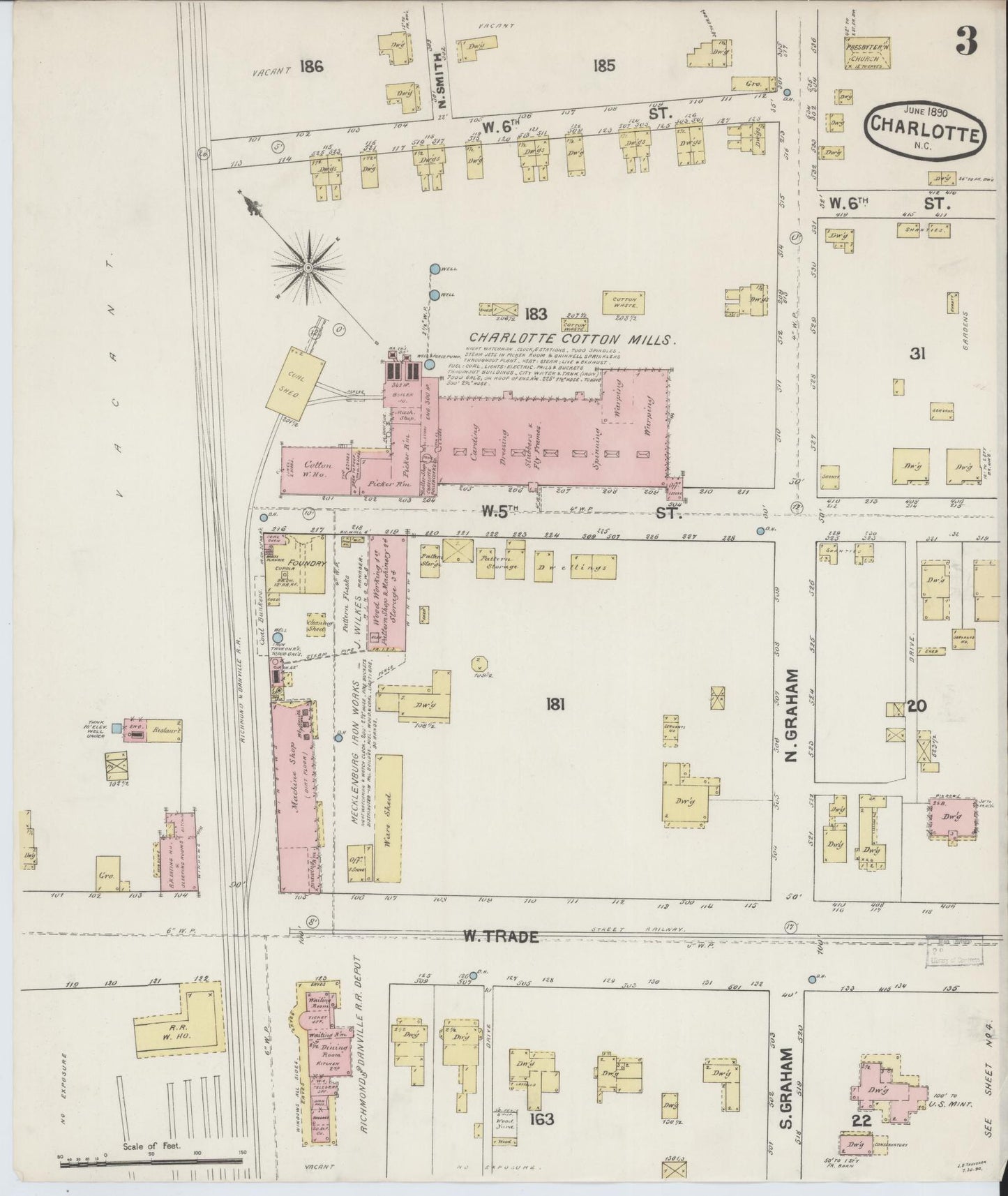 Sanborn Fire Insurance Map from Charlotte, Mecklenburg County, North Carolina (1890), Sheet #0003 - Historic Sanborn Fire Insurance Map Print, vintage old map wall art, antique decor, genealogy gift, North Carolina North Carolina map