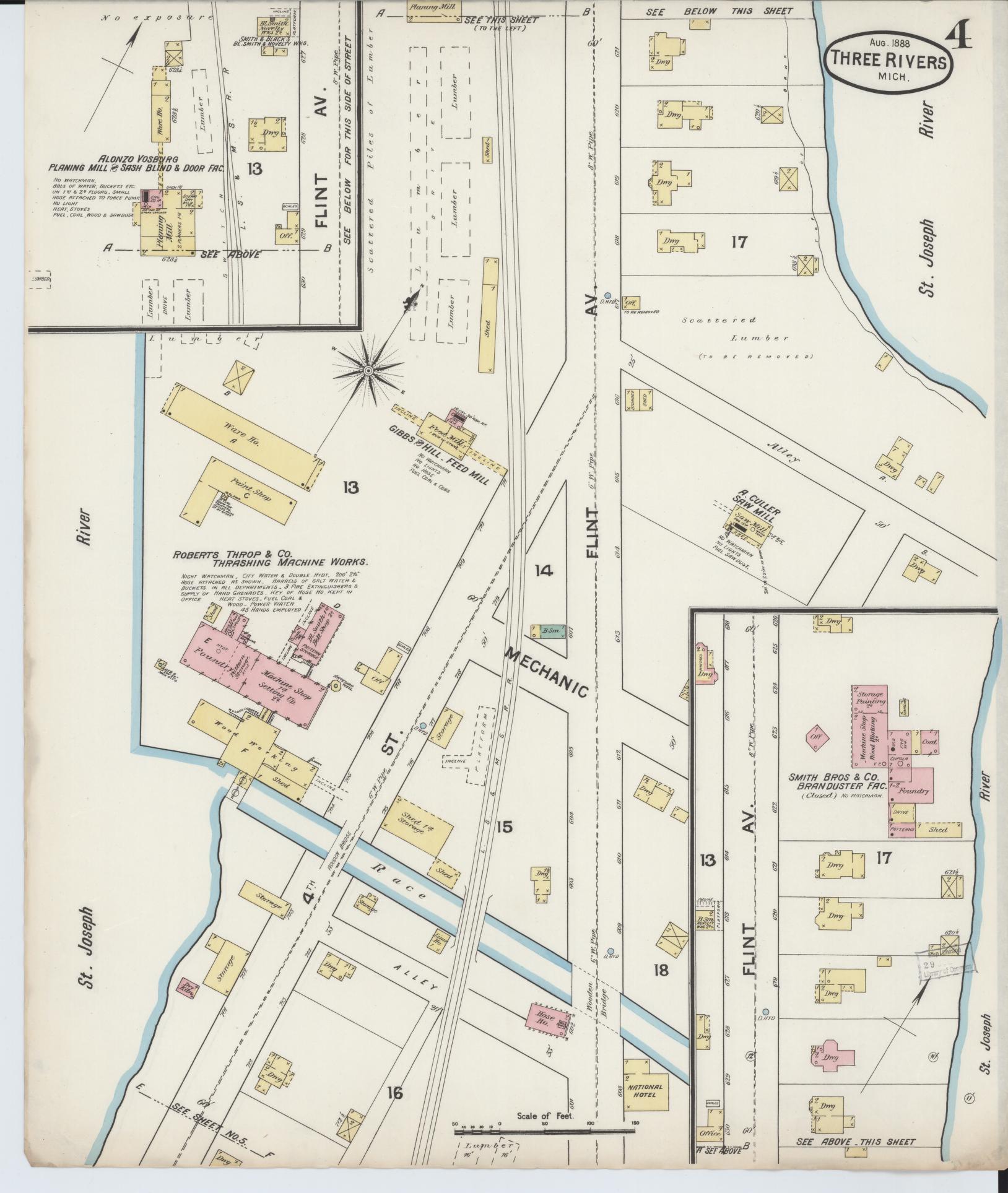 Sanborn Fire Insurance Map from Three Rivers, Saint Joseph County, Michigan (1888), Sheet #0004 - Historic Sanborn Fire Insurance Map Print, vintage old map wall art, antique decor, genealogy gift, Michigan Michigan map