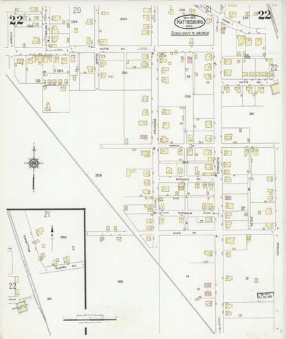 Sanborn Fire Insurance Map from Hattiesburg, Forrest County, Mississippi (1925), Sheet #0022 - Complete Map Set gallery image, historic Sanborn map, vintage wall art, Mississippi Mississippi